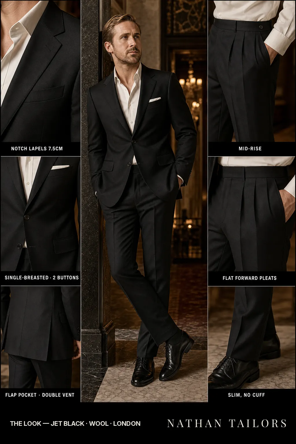 jet black single-breasted notch-lapel bespoke suit — AI-rendered by Nathan Tailors, the Hoi An custom tailor. Available as a custom tailored suit from $149.