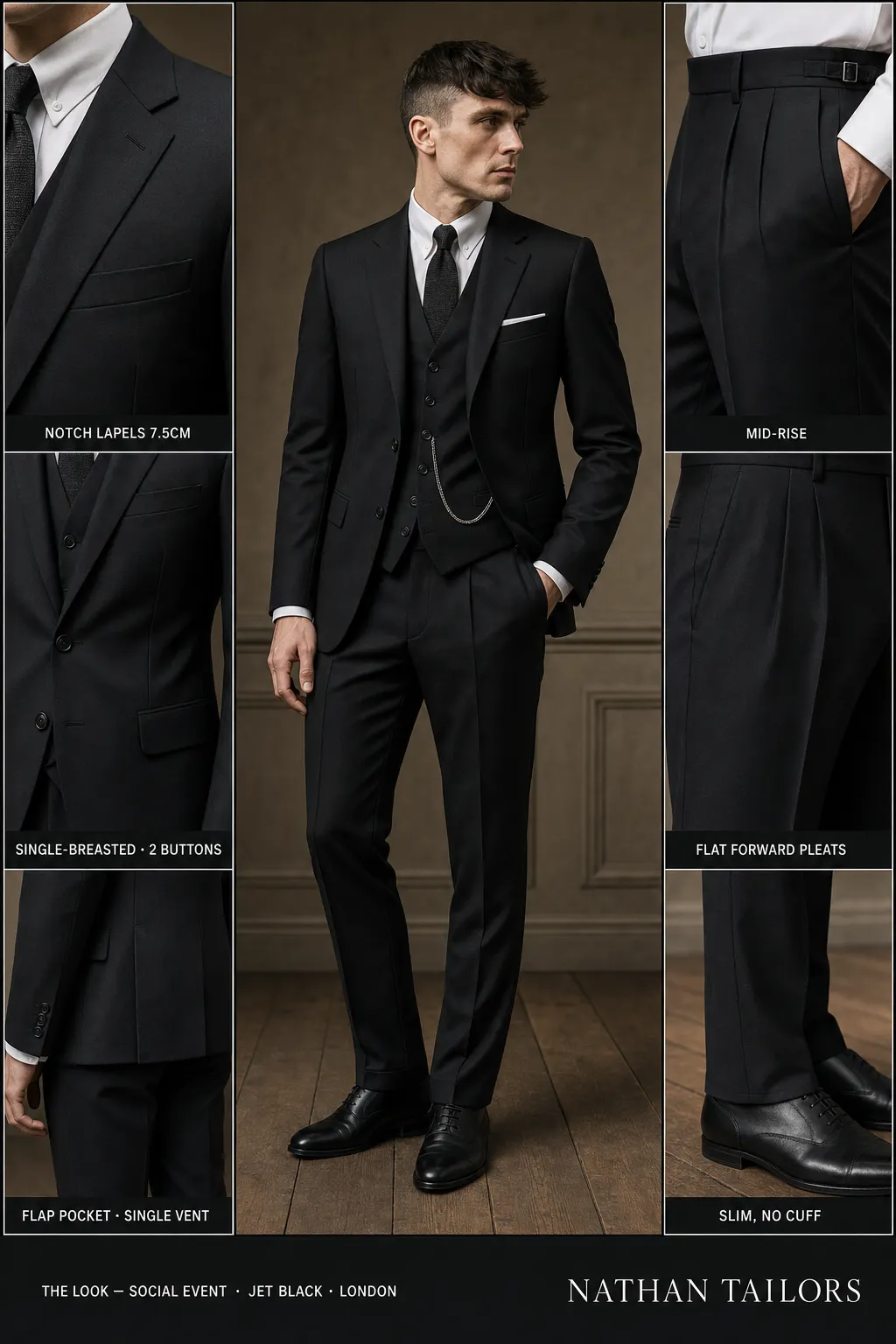 jet black single-breasted notch-lapel bespoke suit โ AI-rendered by Nathan Tailors, the Hoi An custom tailor. Available as a custom tailored suit from $149.