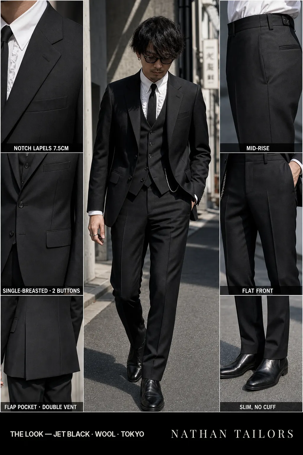 jet black single-breasted notch-lapel bespoke suit — AI-rendered by Nathan Tailors, the Hoi An custom tailor. Available as a custom tailored suit from $149.