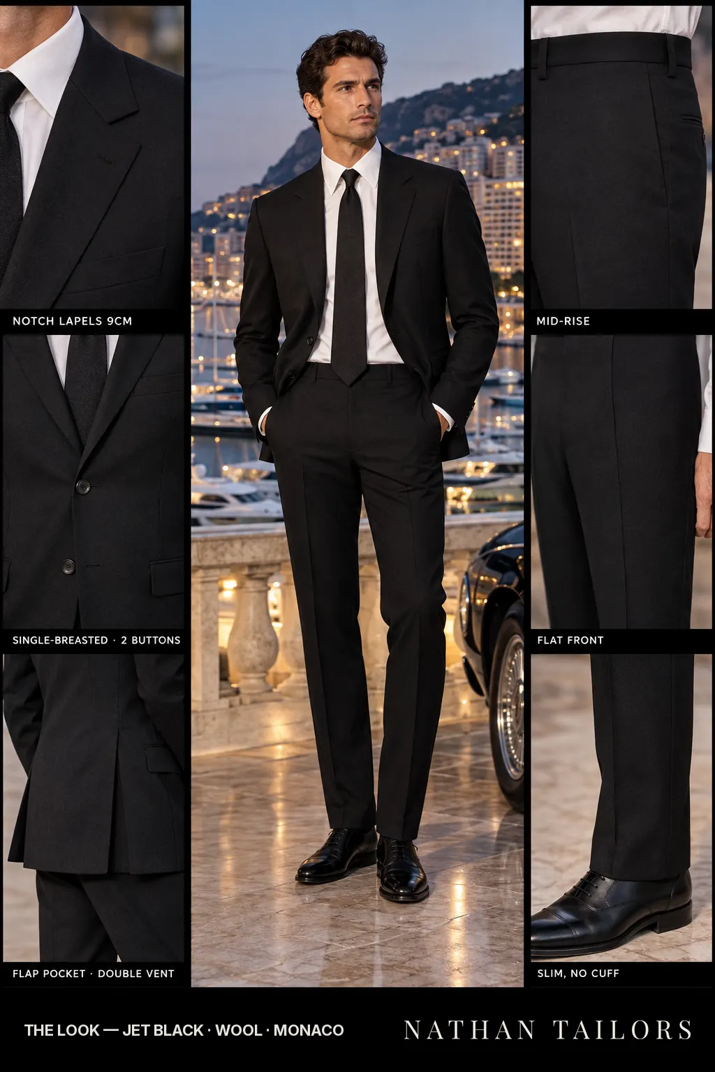 jet black single-breasted notch-lapel bespoke suit โ AI-rendered by Nathan Tailors, the Hoi An custom tailor. Available as a custom tailored suit from $149.
