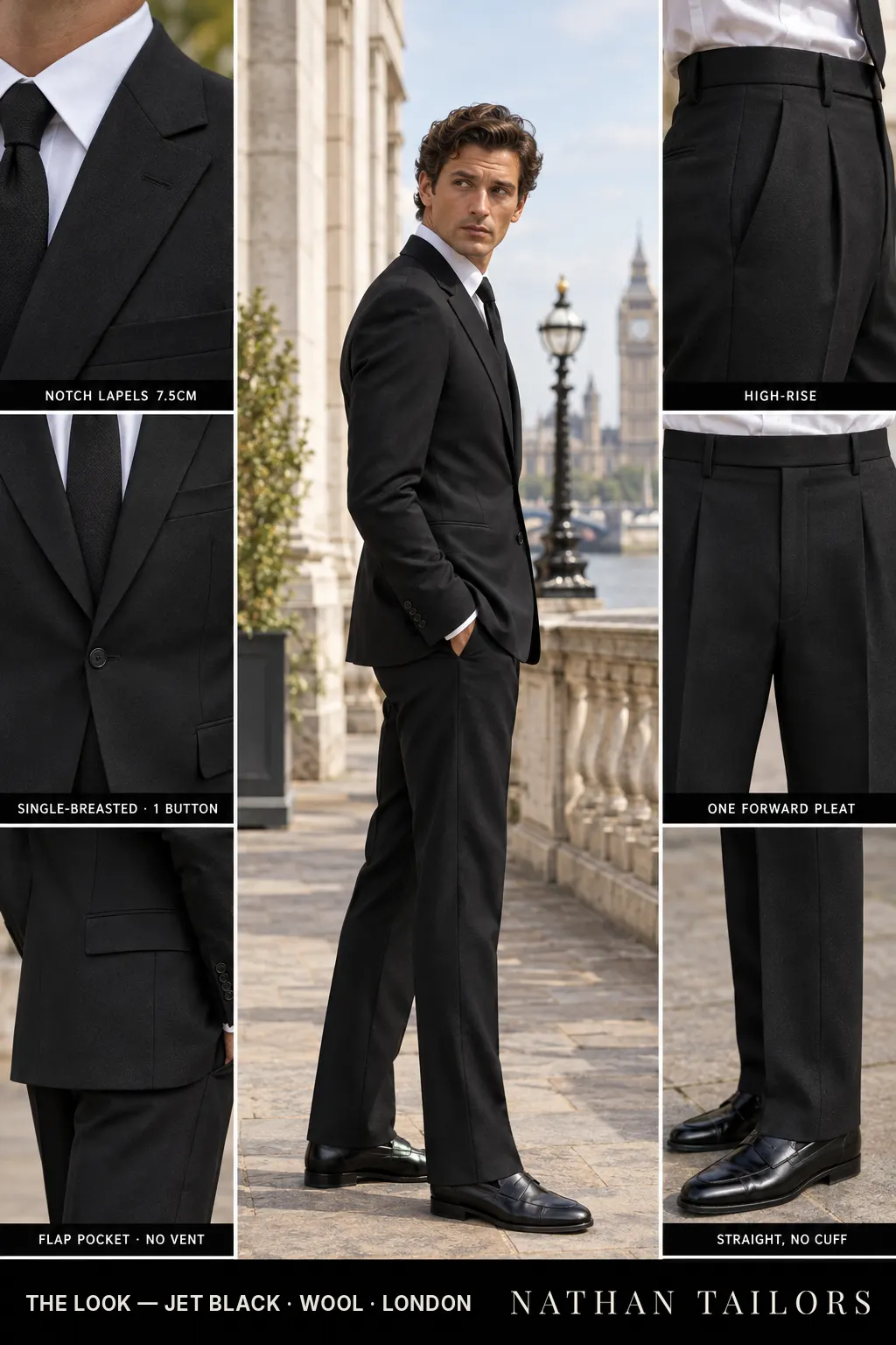jet black single-breasted bespoke suit โ custom tailored by Nathan Tailors, the Hoi An custom tailor