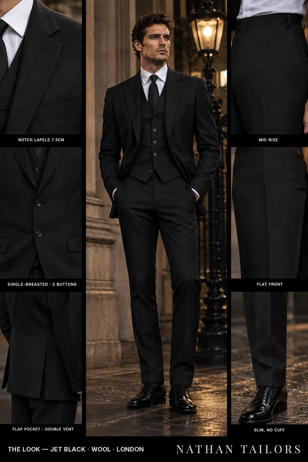 jet black single-breasted bespoke suit — custom tailored by Nathan Tailors, the Hoi An custom tailor
