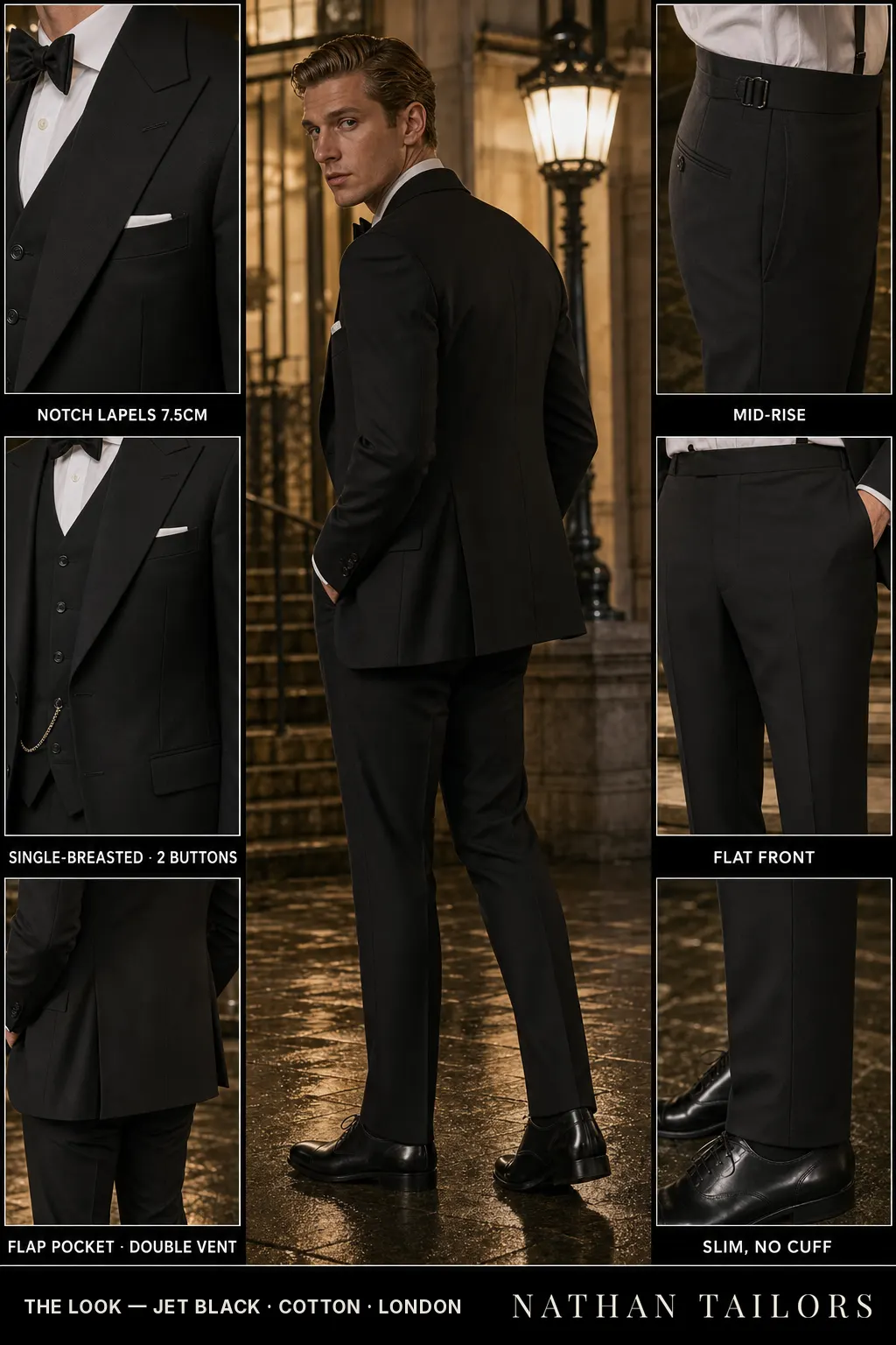 jet black single-breasted notch-lapel bespoke suit โ AI-rendered by Nathan Tailors, the Hoi An custom tailor. Available as a custom tailored suit from $149.