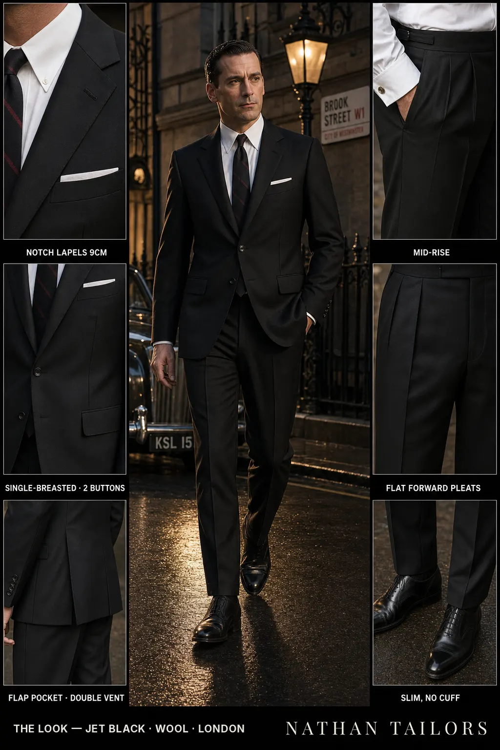 jet black single-breasted notch-lapel bespoke suit โ AI-rendered by Nathan Tailors, the Hoi An custom tailor. Available as a custom tailored suit from $149.