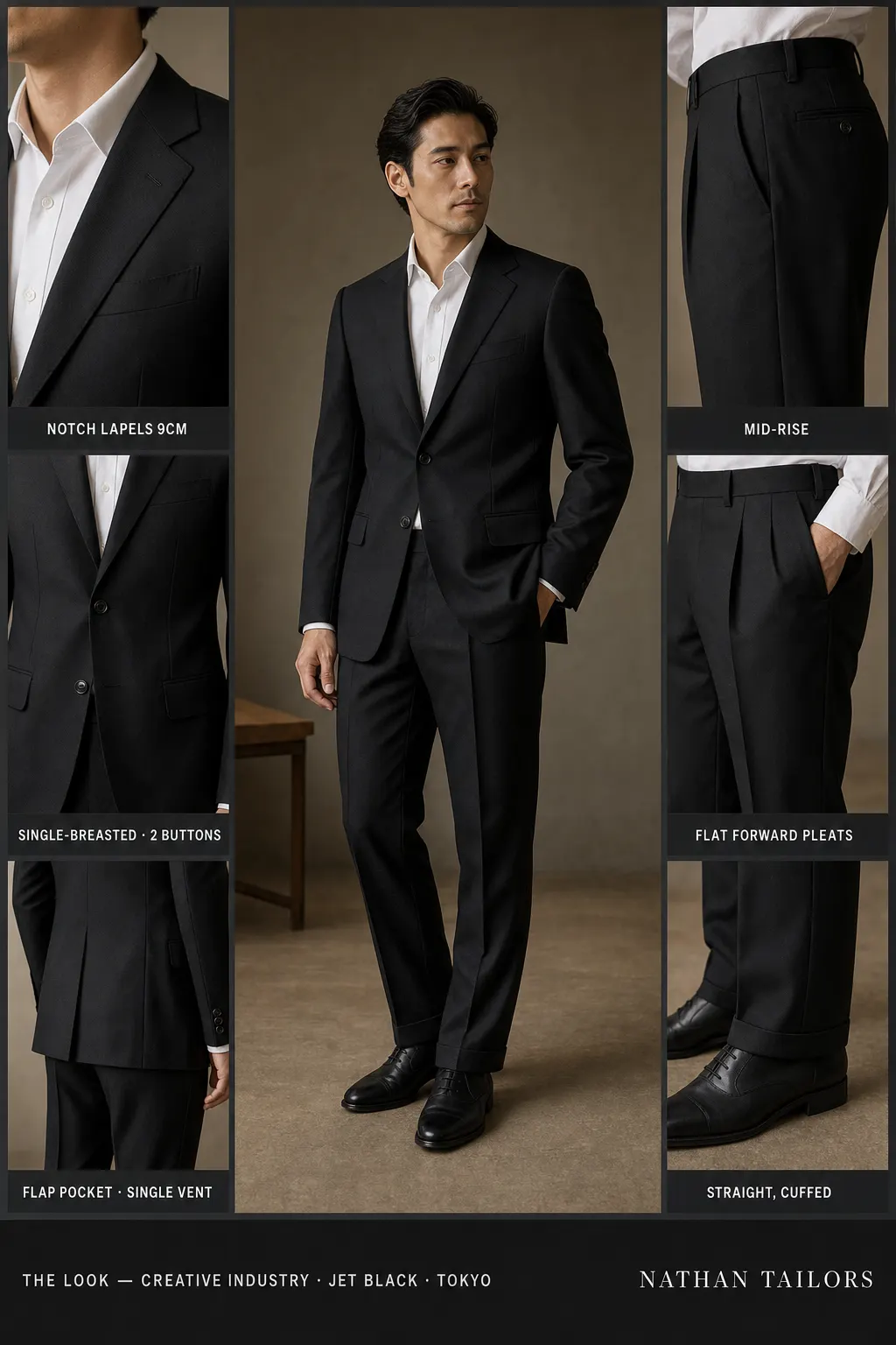 jet black single-breasted notch-lapel bespoke suit — AI-rendered by Nathan Tailors, the Hoi An custom tailor. Available as a custom tailored suit from $149.