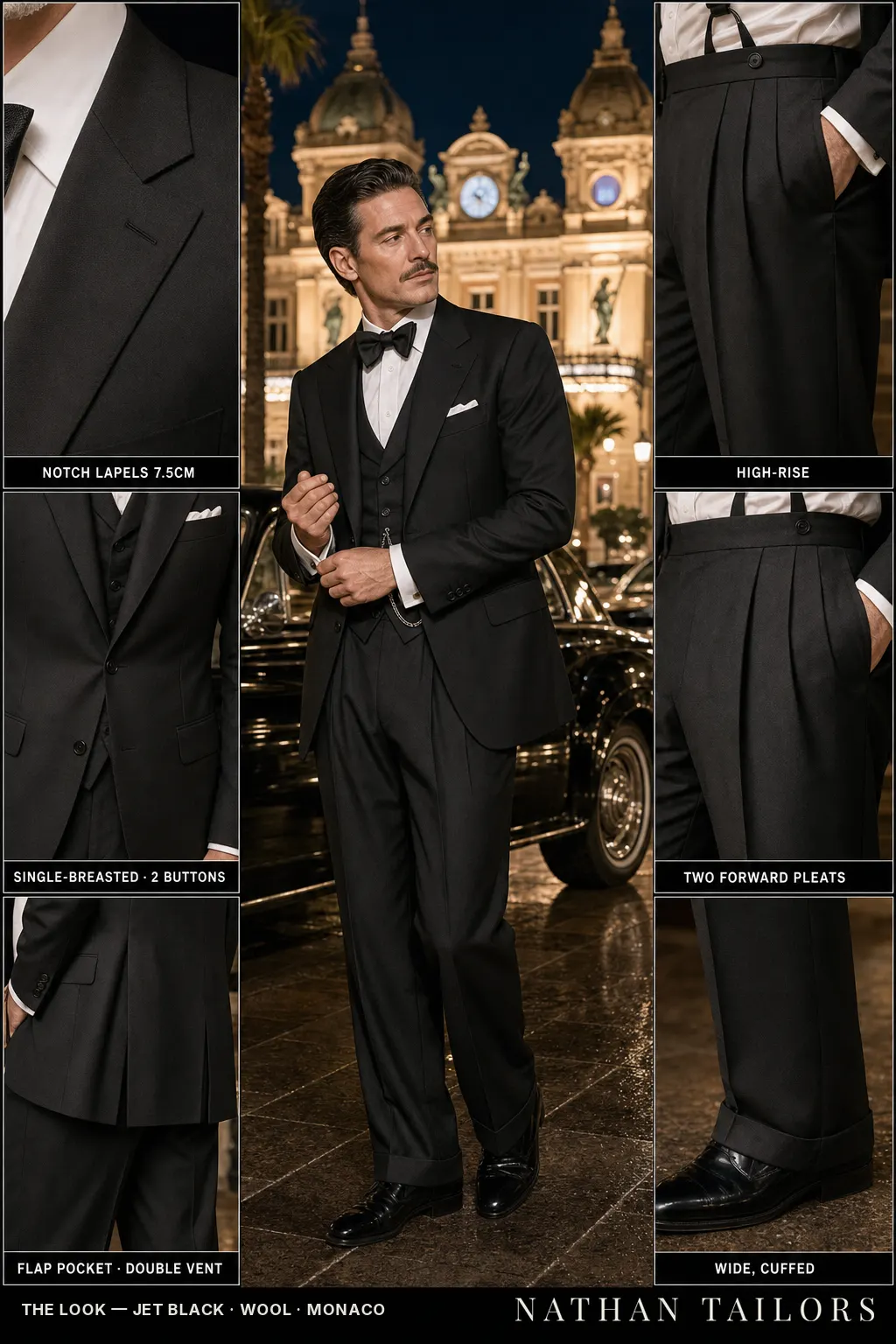 jet black single-breasted notch-lapel bespoke suit — AI-rendered by Nathan Tailors, the Hoi An custom tailor. Available as a custom tailored suit from $149.