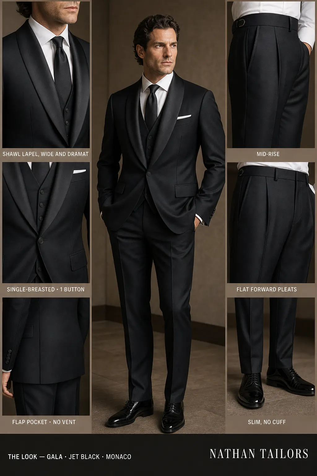 jet black single-breasted notch-lapel bespoke suit — AI-rendered by Nathan Tailors, the Hoi An custom tailor. Available as a custom tailored suit from $149.