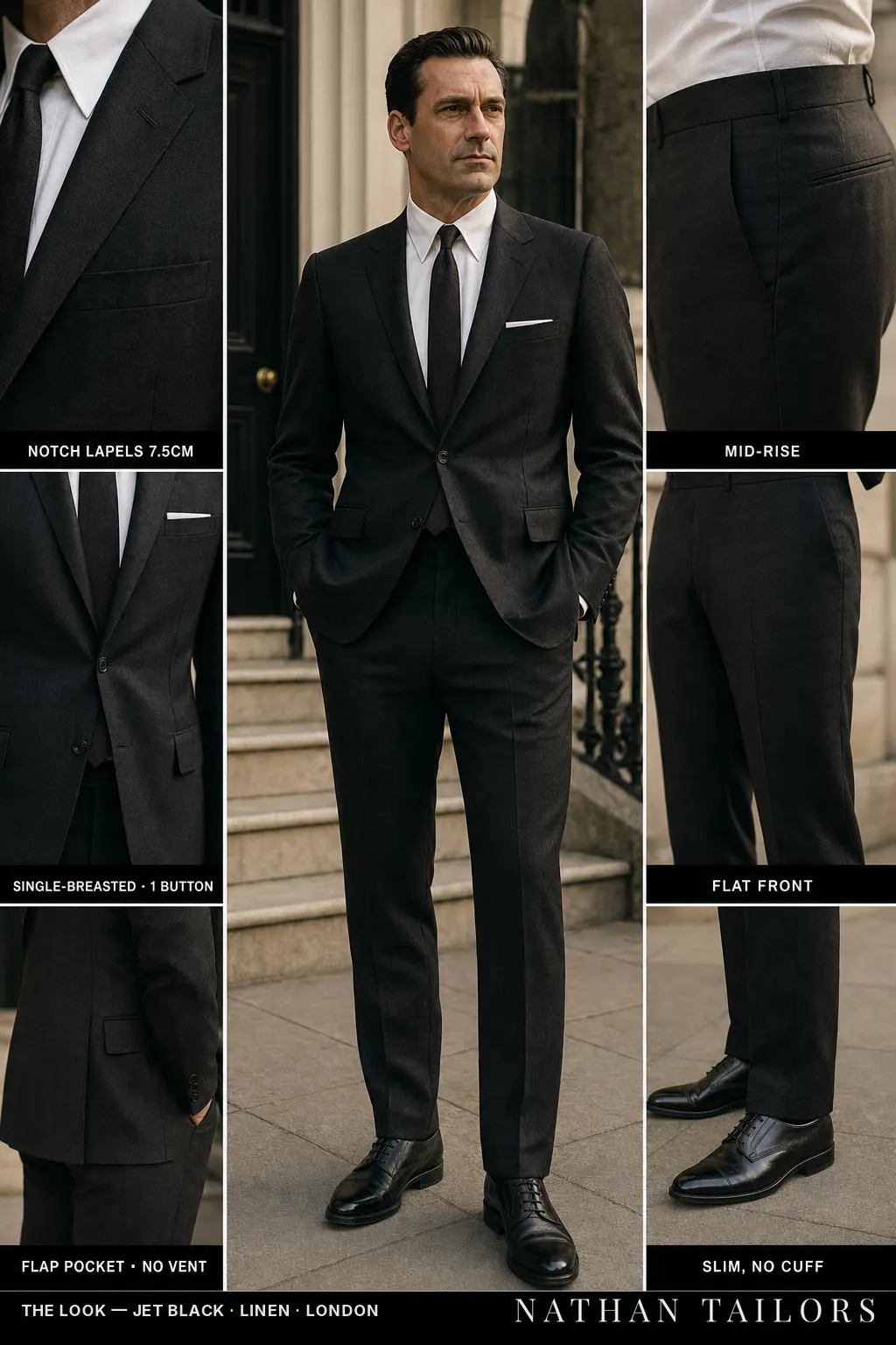 jet black single-breasted notch-lapel bespoke suit — AI-rendered by Nathan Tailors, the Hoi An custom tailor. Available as a custom tailored suit from $149.