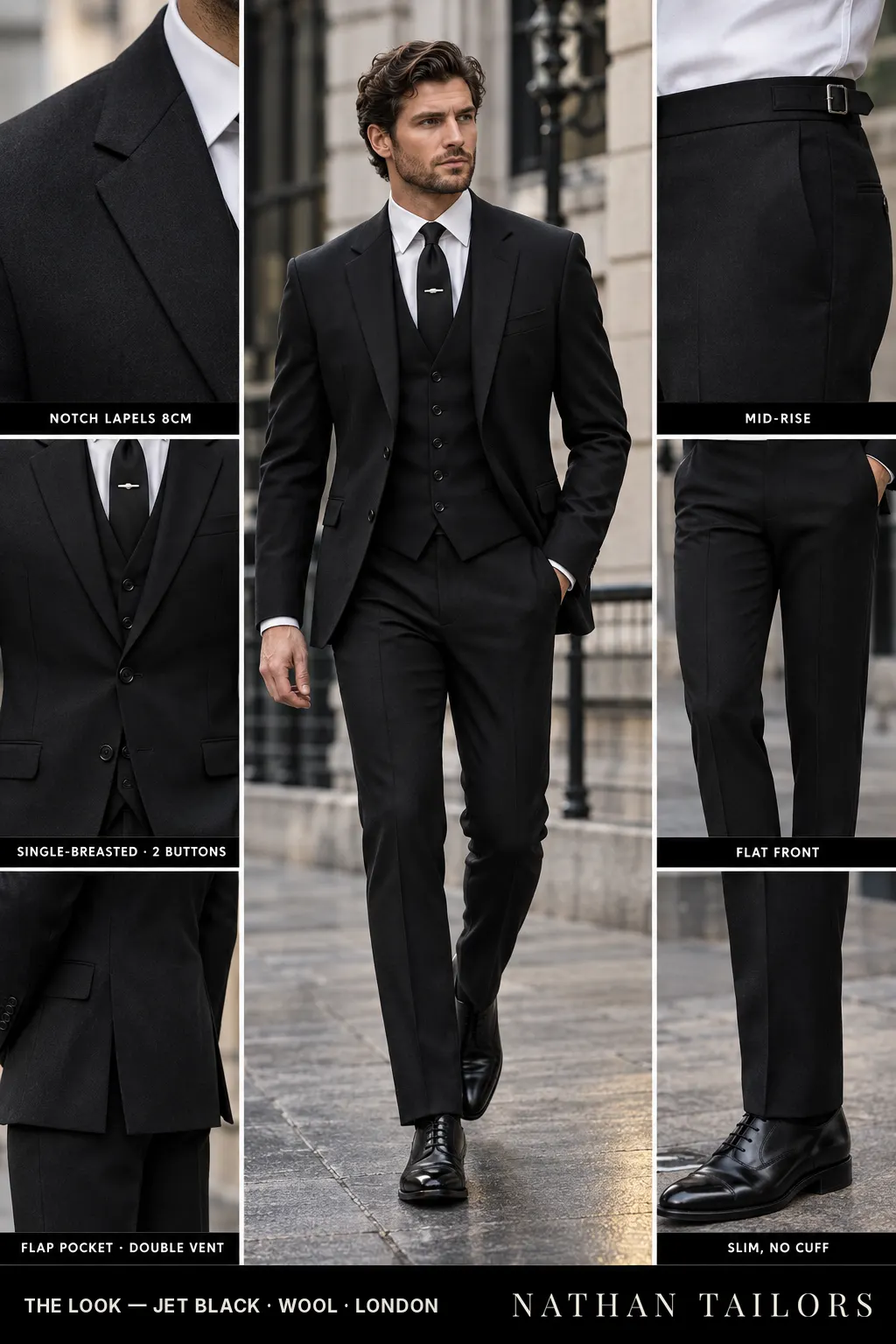 jet black single-breasted bespoke suit โ custom tailored by Nathan Tailors, the Hoi An custom tailor