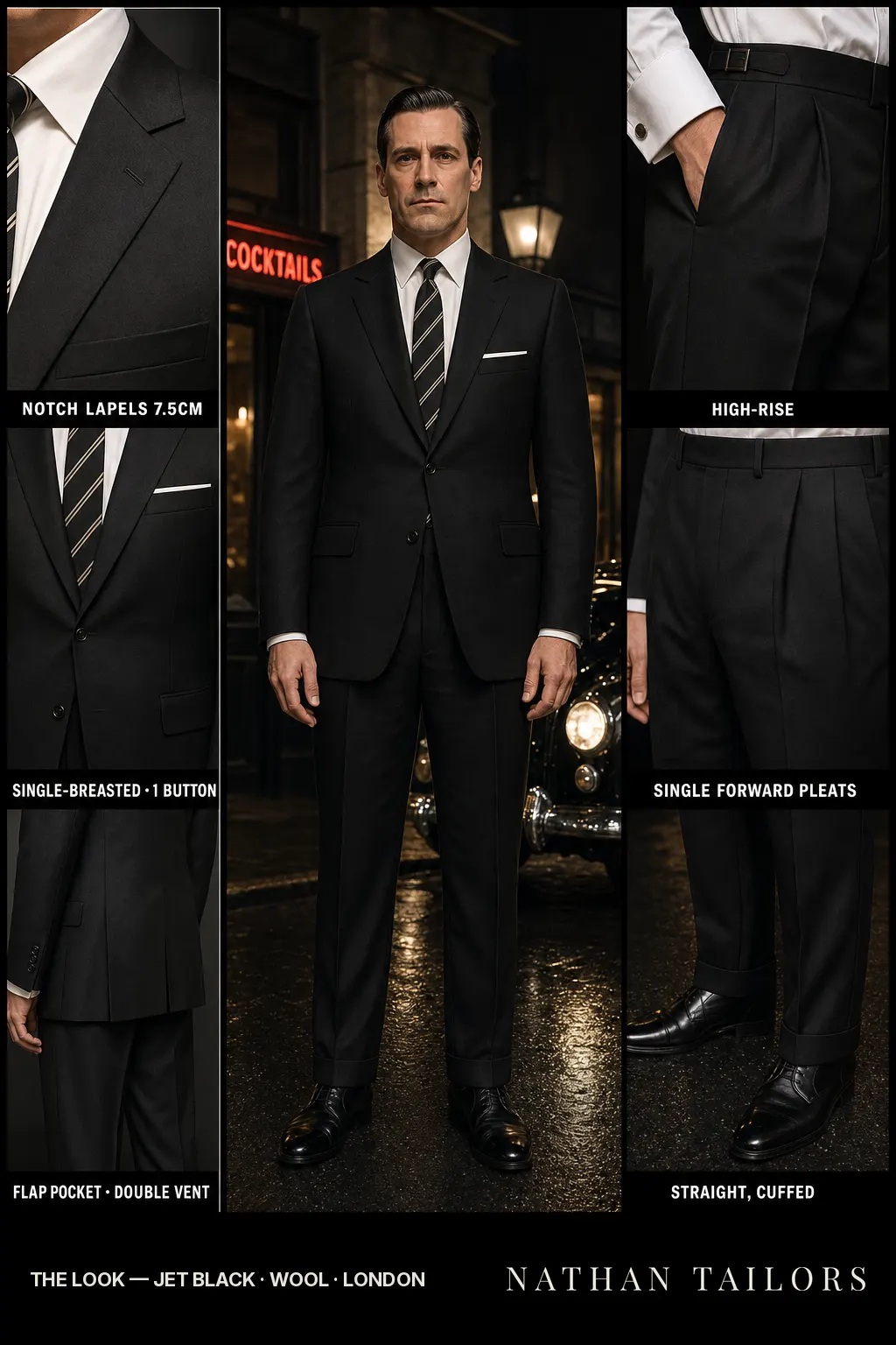 jet black single-breasted notch-lapel bespoke suit โ AI-rendered by Nathan Tailors, the Hoi An custom tailor. Available as a custom tailored suit from $149.