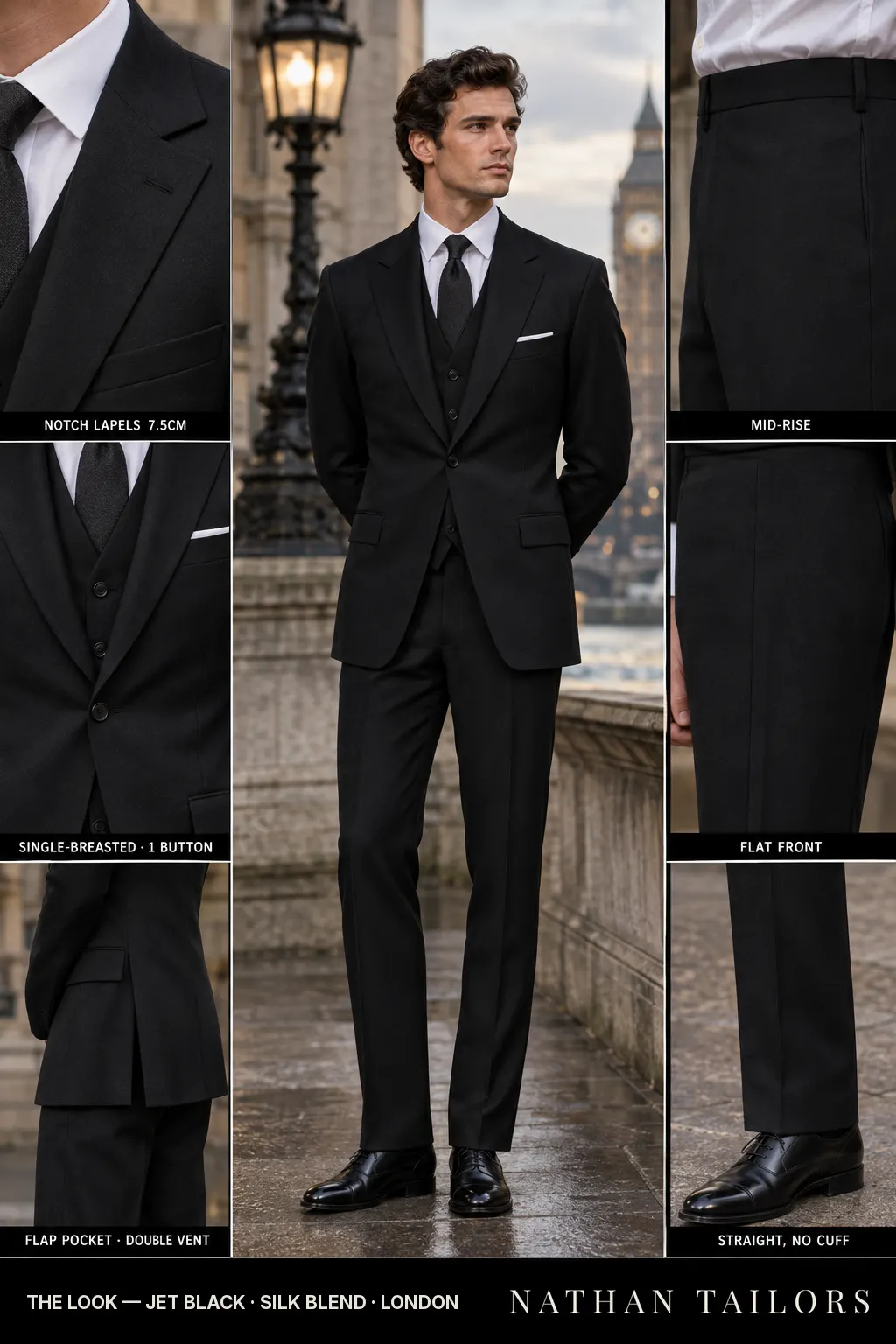 jet black single-breasted bespoke suit โ custom tailored by Nathan Tailors, the Hoi An custom tailor