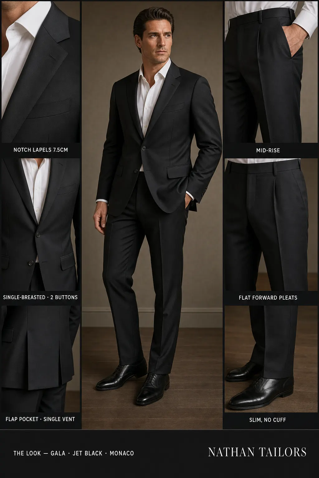 jet black single-breasted notch-lapel bespoke suit โ AI-rendered by Nathan Tailors, the Hoi An custom tailor. Available as a custom tailored suit from $149.