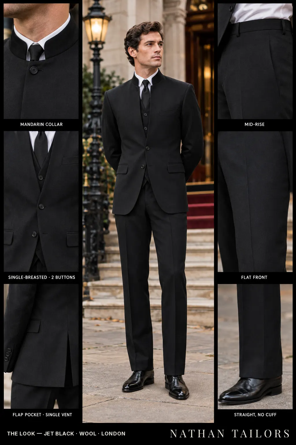 jet black single-breasted bespoke suit โ custom tailored by Nathan Tailors, the Hoi An custom tailor