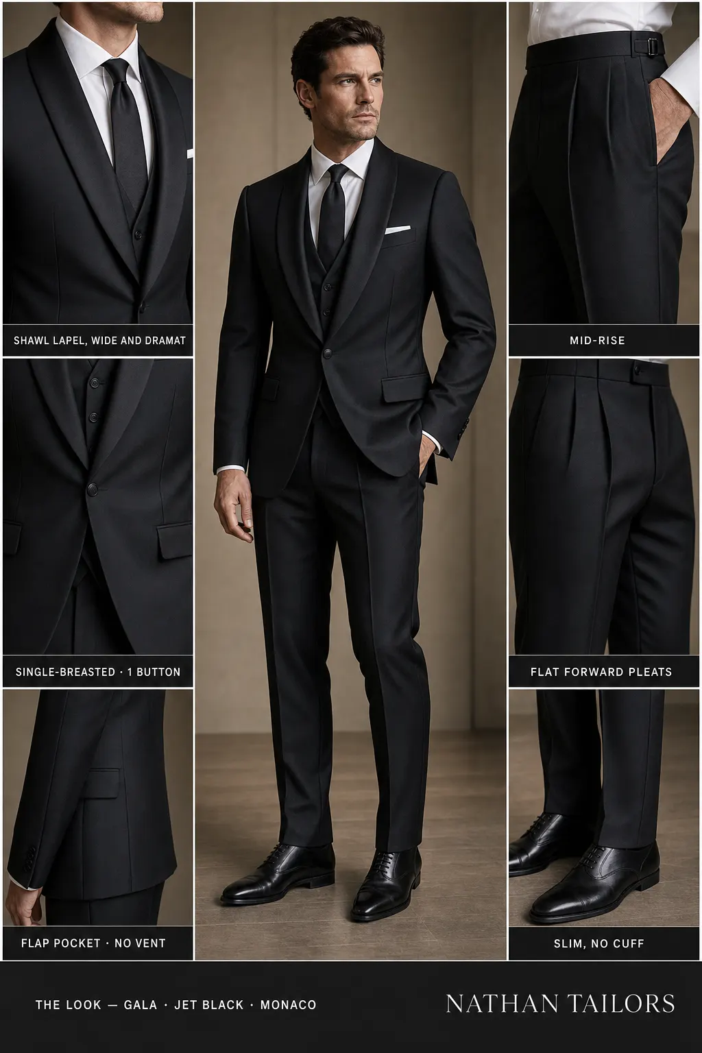 jet black single-breasted notch-lapel bespoke suit — AI-rendered by Nathan Tailors, the Hoi An custom tailor. Available as a custom tailored suit from $149.