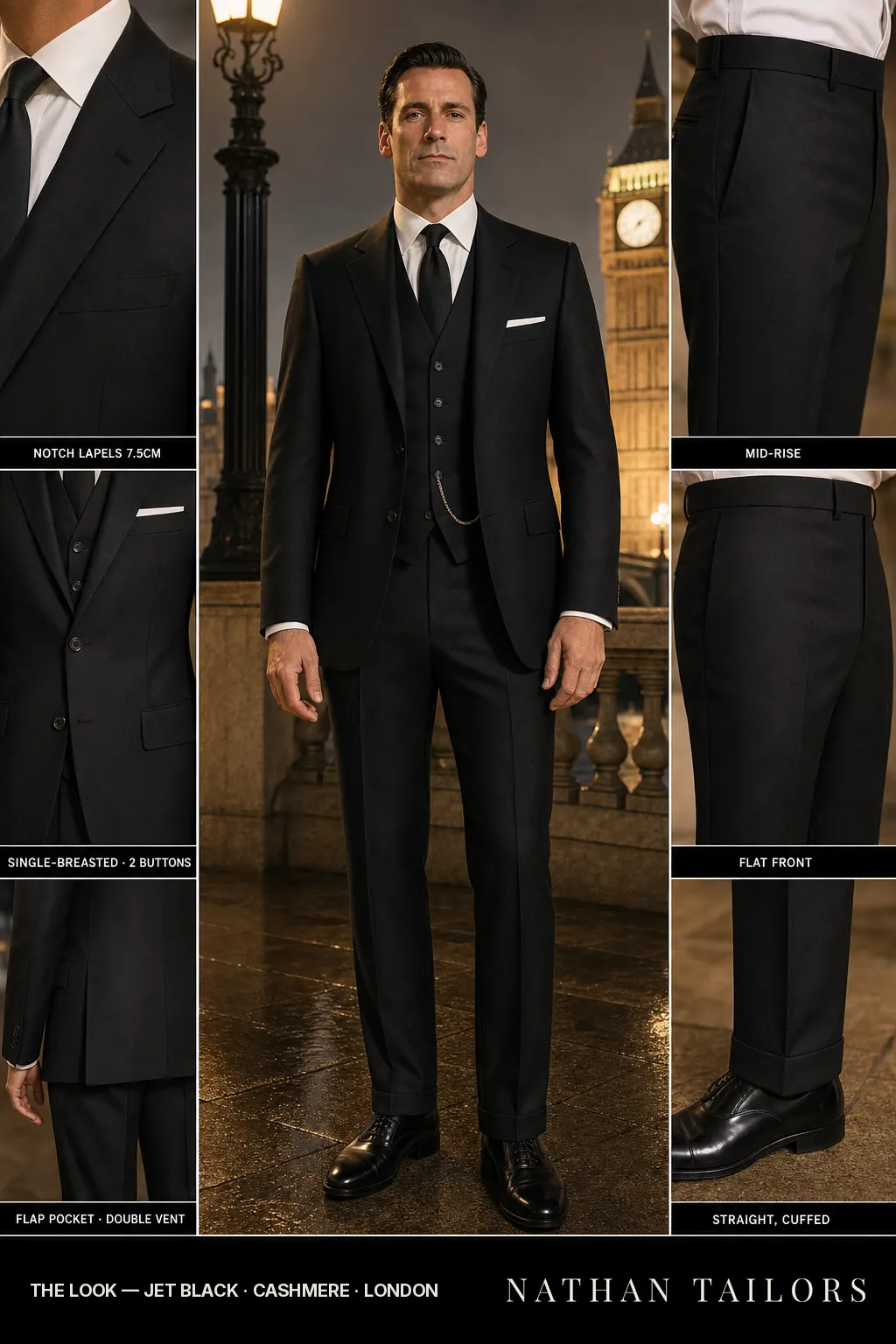 jet black single-breasted bespoke suit — custom tailored by Nathan Tailors, the Hoi An custom tailor