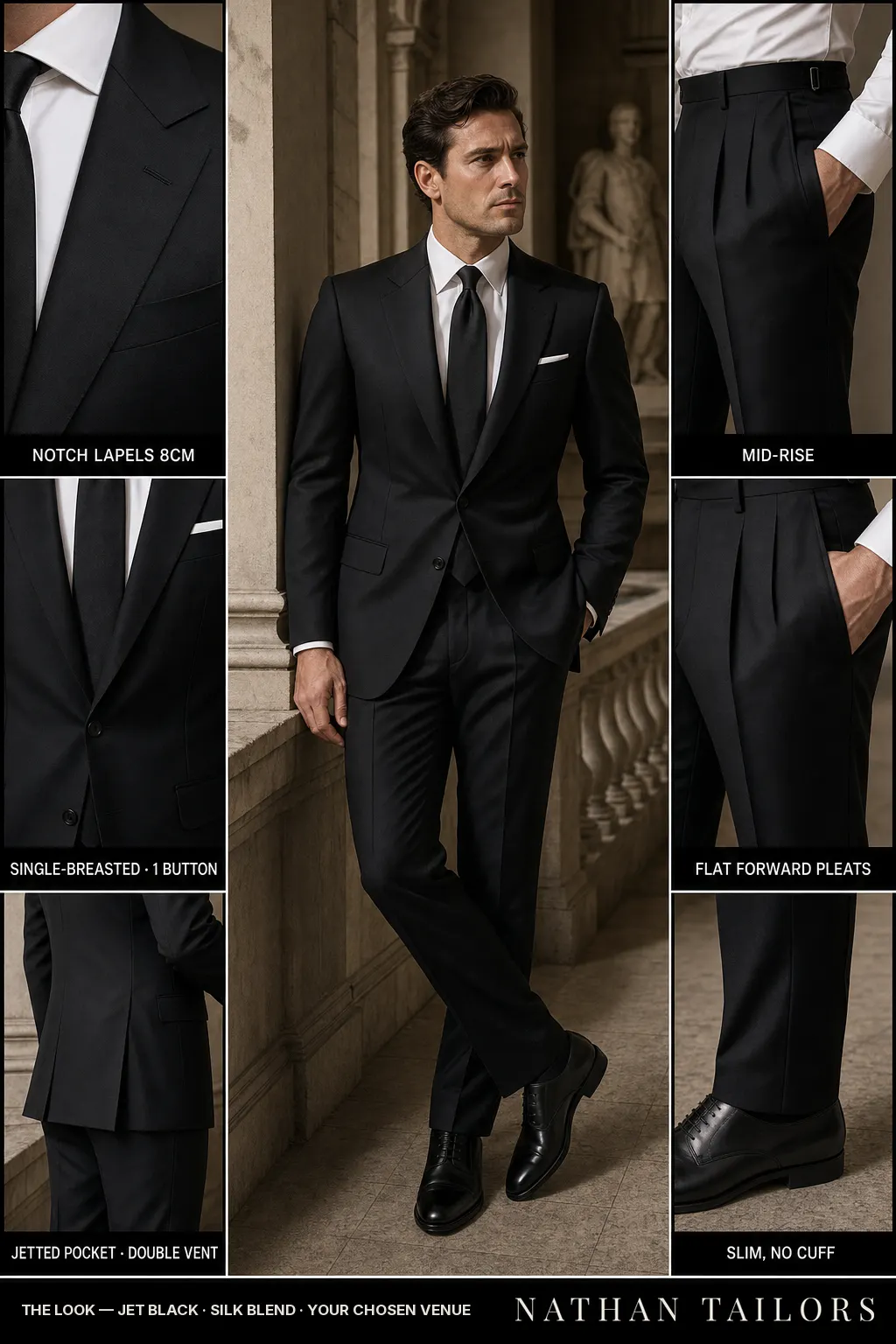 jet black single-breasted notch-lapel bespoke suit โ AI-rendered by Nathan Tailors, the Hoi An custom tailor. Available as a custom tailored suit from $149.