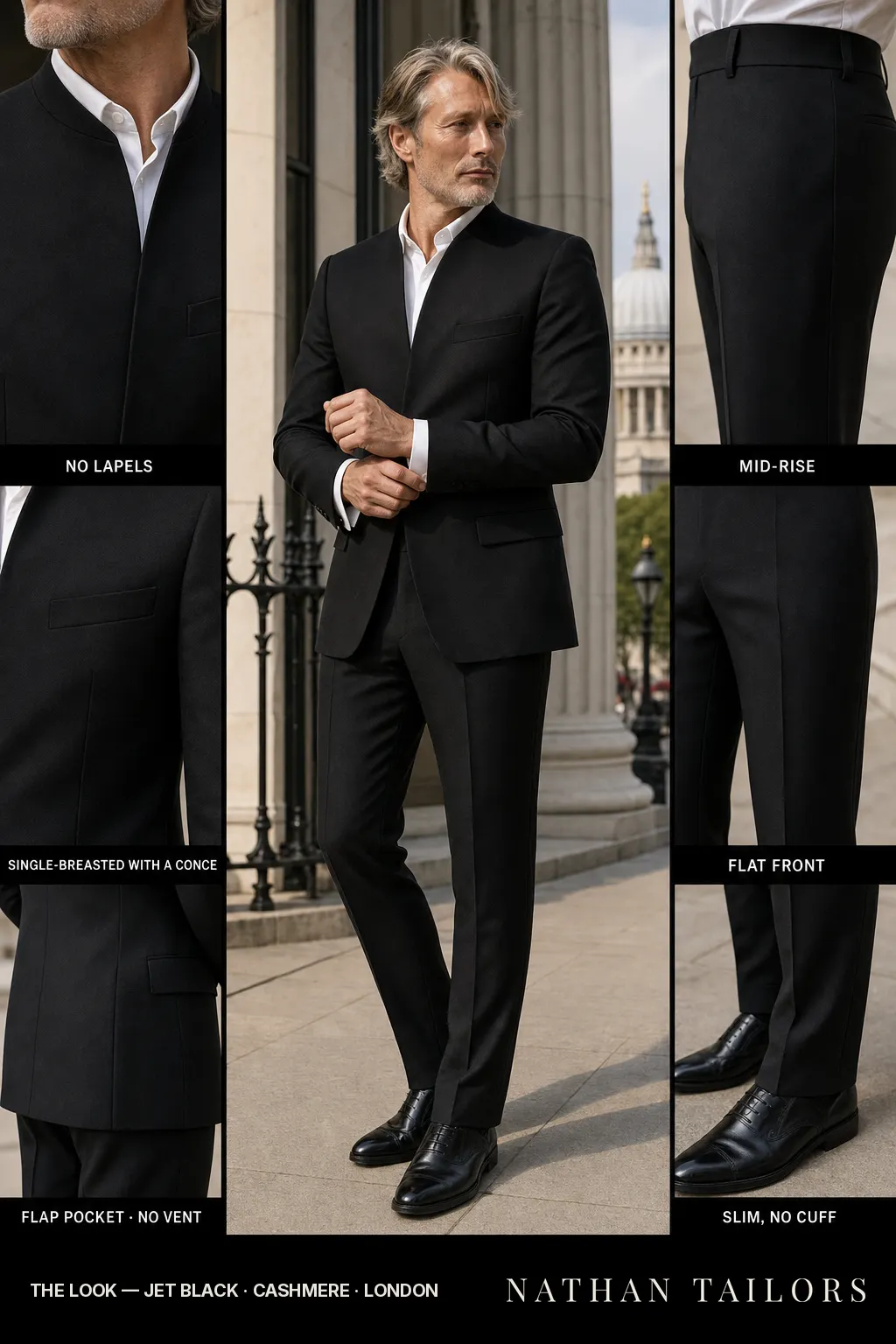 jet black single-breasted notch-lapel bespoke suit โ AI-rendered by Nathan Tailors, the Hoi An custom tailor. Available as a custom tailored suit from $149.
