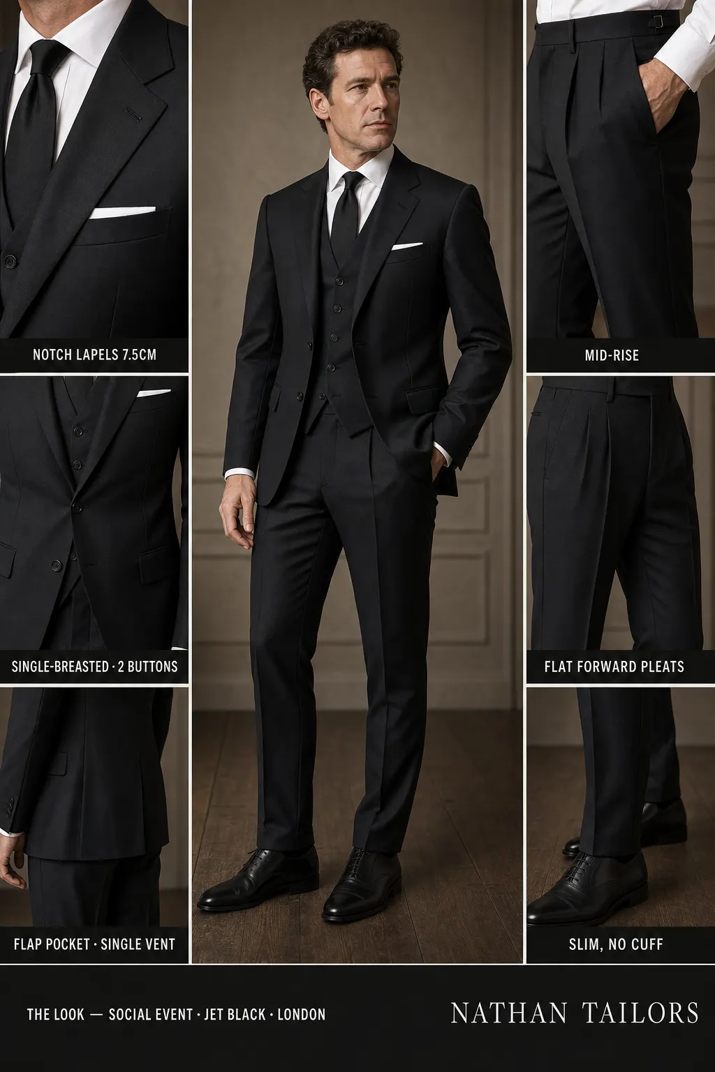 jet black single-breasted notch-lapel bespoke suit — AI-rendered by Nathan Tailors, the Hoi An custom tailor. Available as a custom tailored suit from $149.
