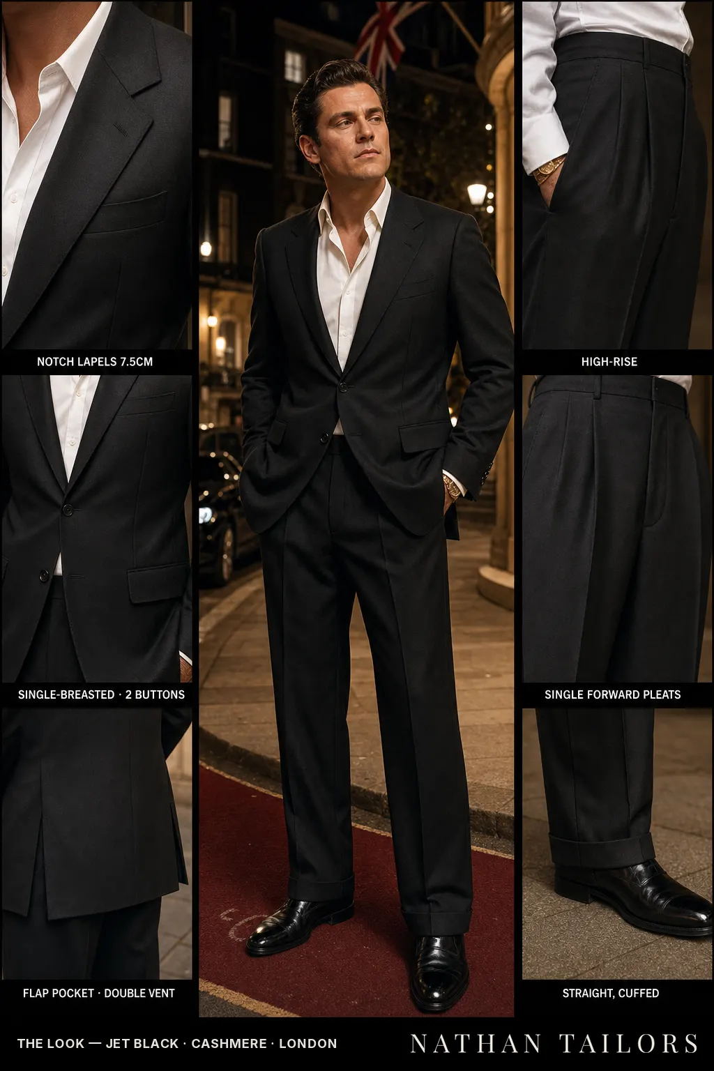 jet black single-breasted notch-lapel bespoke suit — AI-rendered by Nathan Tailors, the Hoi An custom tailor. Available as a custom tailored suit from $149.