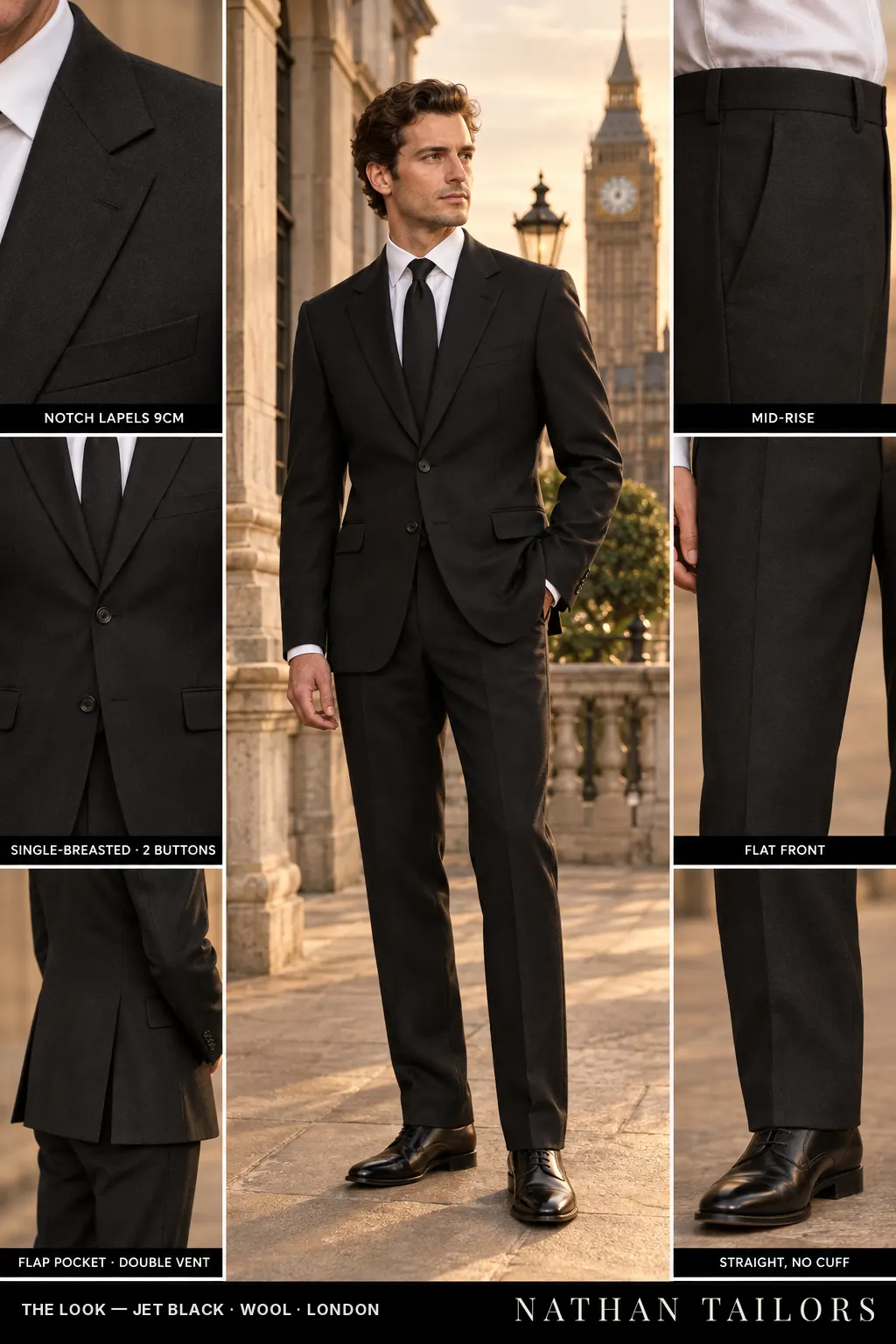 jet black single-breasted bespoke suit โ custom tailored by Nathan Tailors, the Hoi An custom tailor