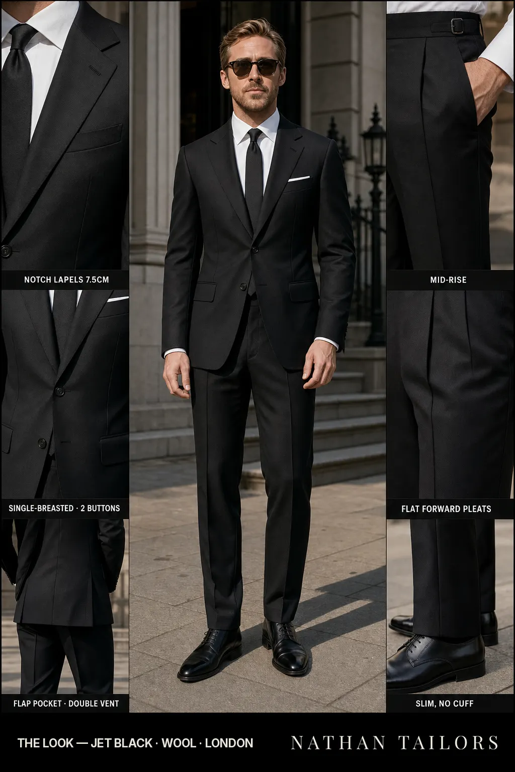 jet black single-breasted notch-lapel bespoke suit โ AI-rendered by Nathan Tailors, the Hoi An custom tailor. Available as a custom tailored suit from $149.
