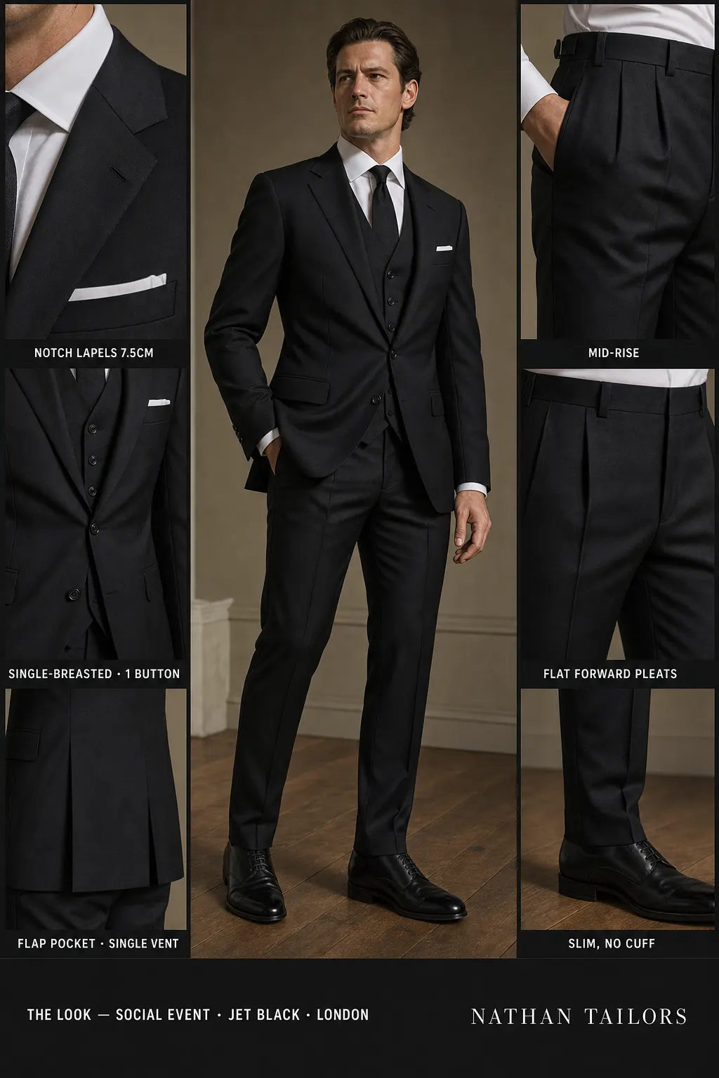 jet black single-breasted notch-lapel bespoke suit — AI-rendered by Nathan Tailors, the Hoi An custom tailor. Available as a custom tailored suit from $149.