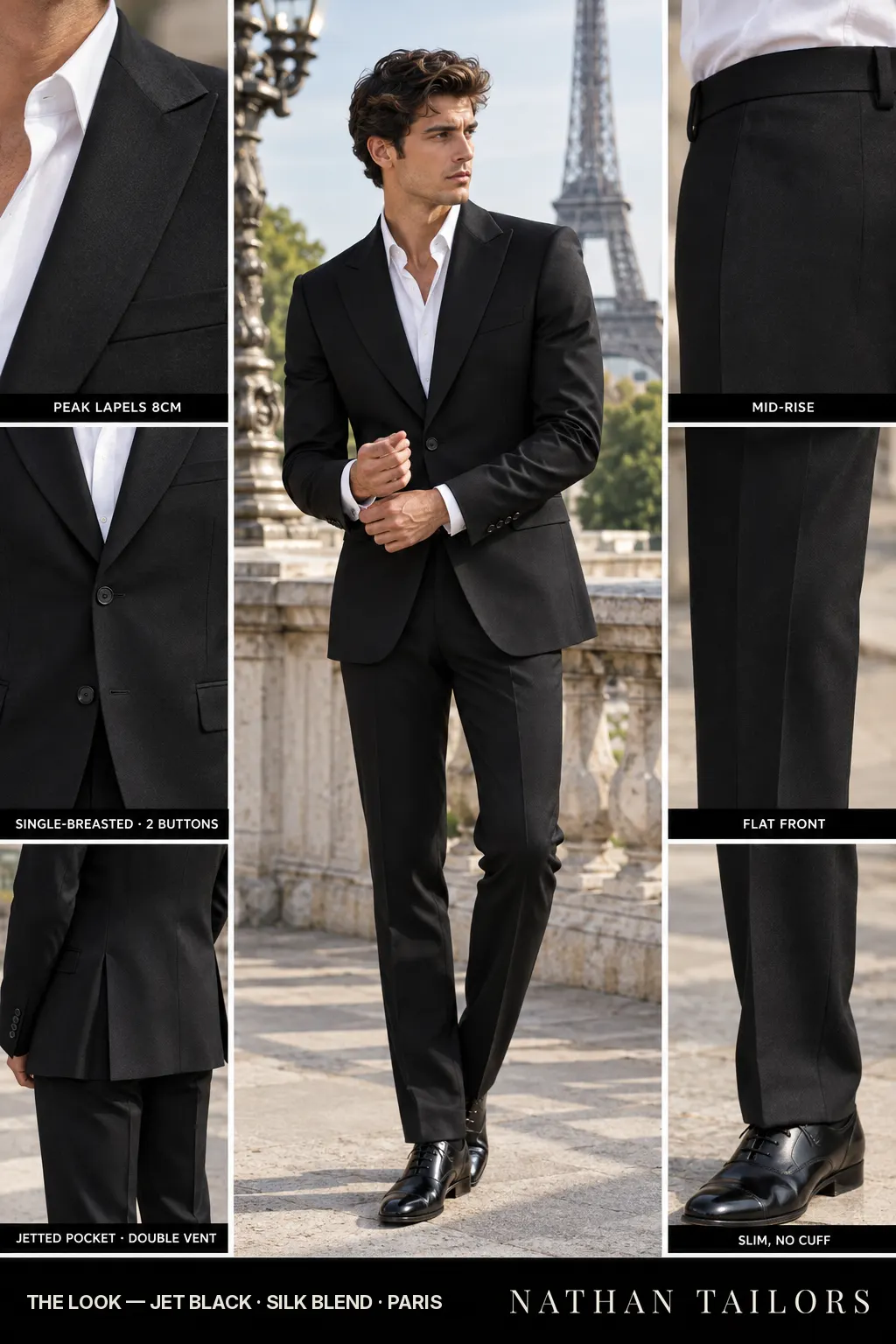 jet black single-breasted bespoke suit — custom tailored by Nathan Tailors, the Hoi An custom tailor