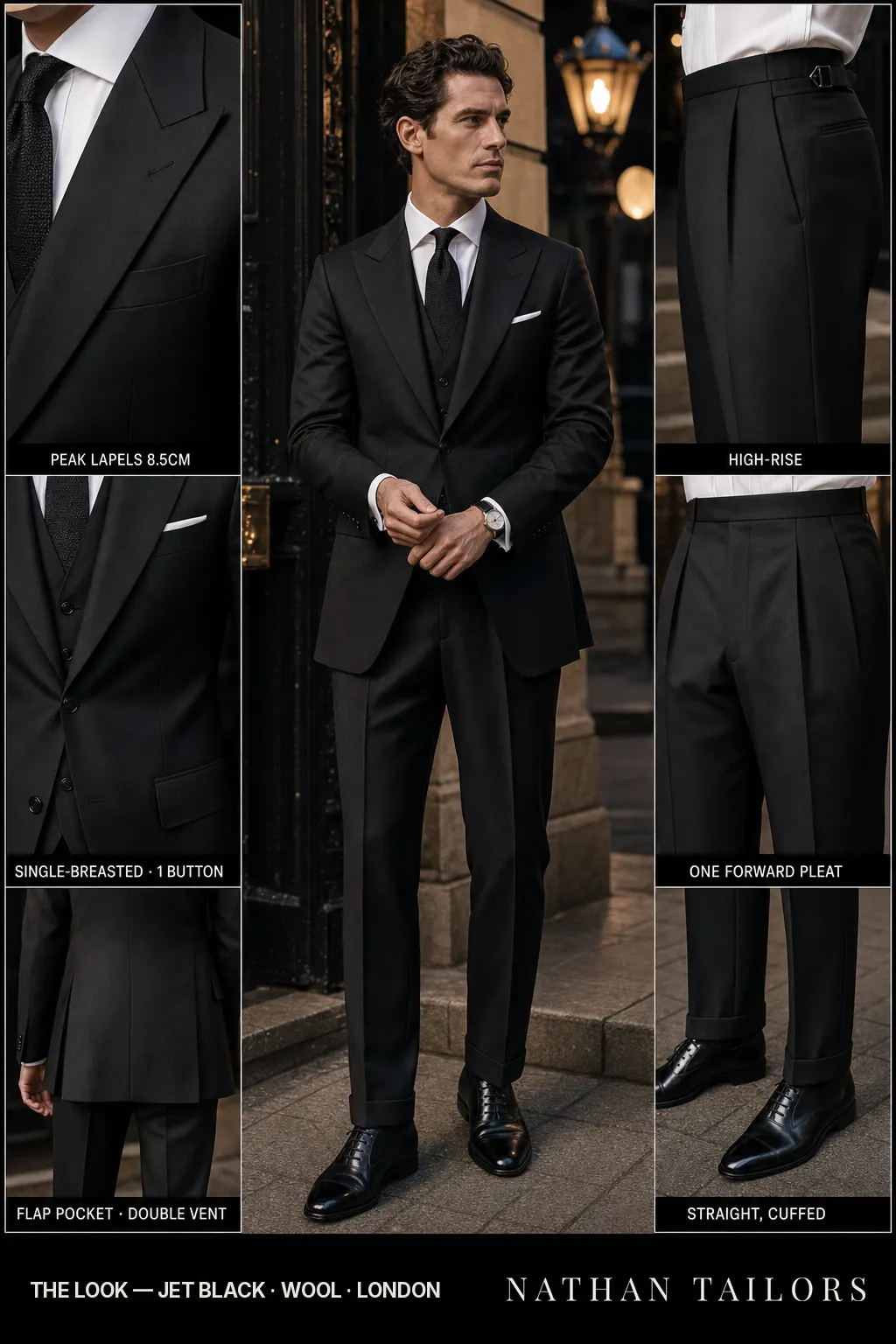 jet black single-breasted bespoke suit โ custom tailored by Nathan Tailors, the Hoi An custom tailor