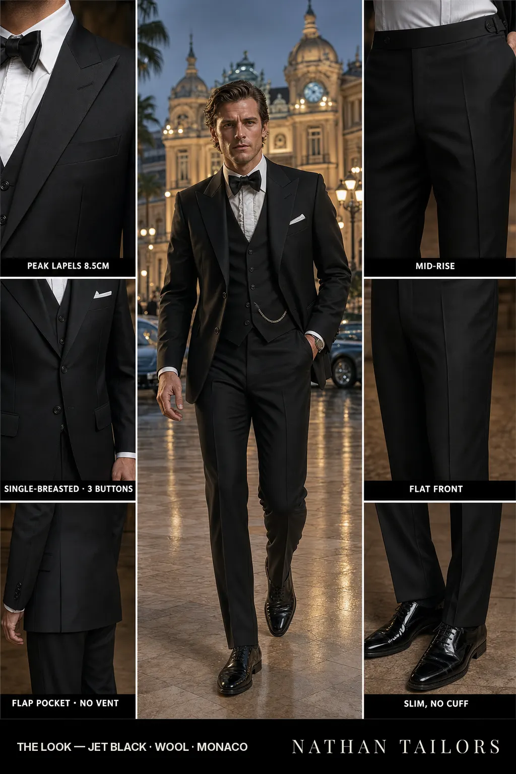 jet black single-breasted peak-lapel bespoke suit โ AI-rendered by Nathan Tailors, the Hoi An custom tailor. Available as a custom tailored suit from $169.