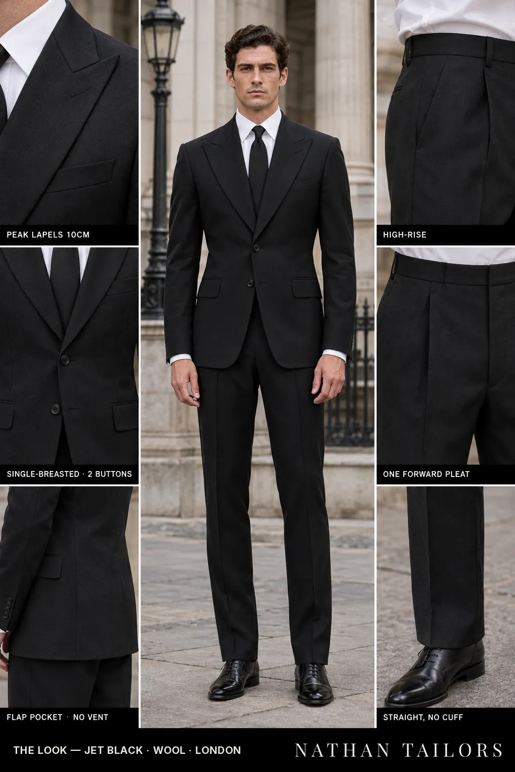 jet black single-breasted peak-lapel bespoke suit — AI-rendered by Nathan Tailors, the Hoi An custom tailor. Available as a custom tailored suit from $149.