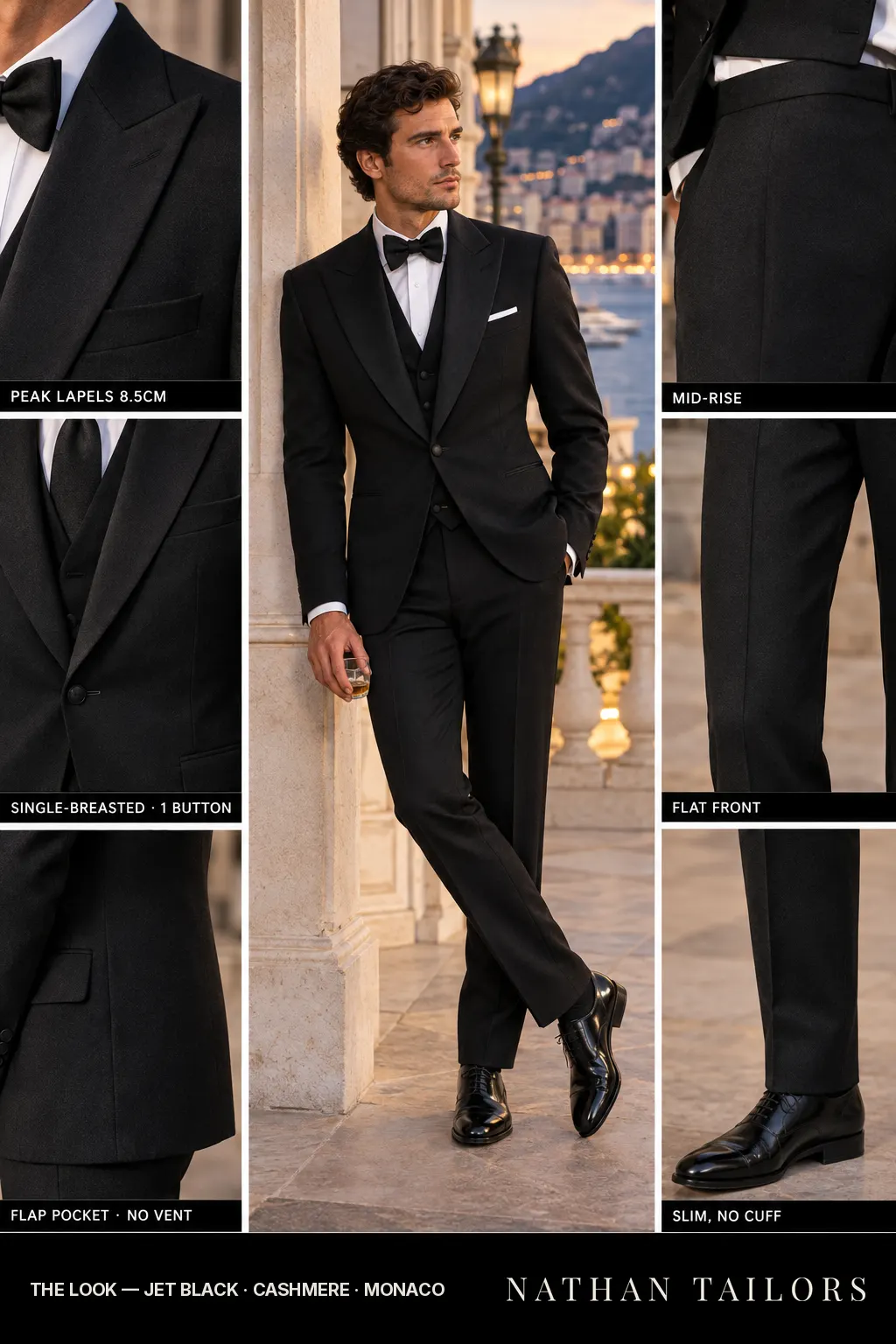 jet black single-breasted bespoke suit โ custom tailored by Nathan Tailors, the Hoi An custom tailor