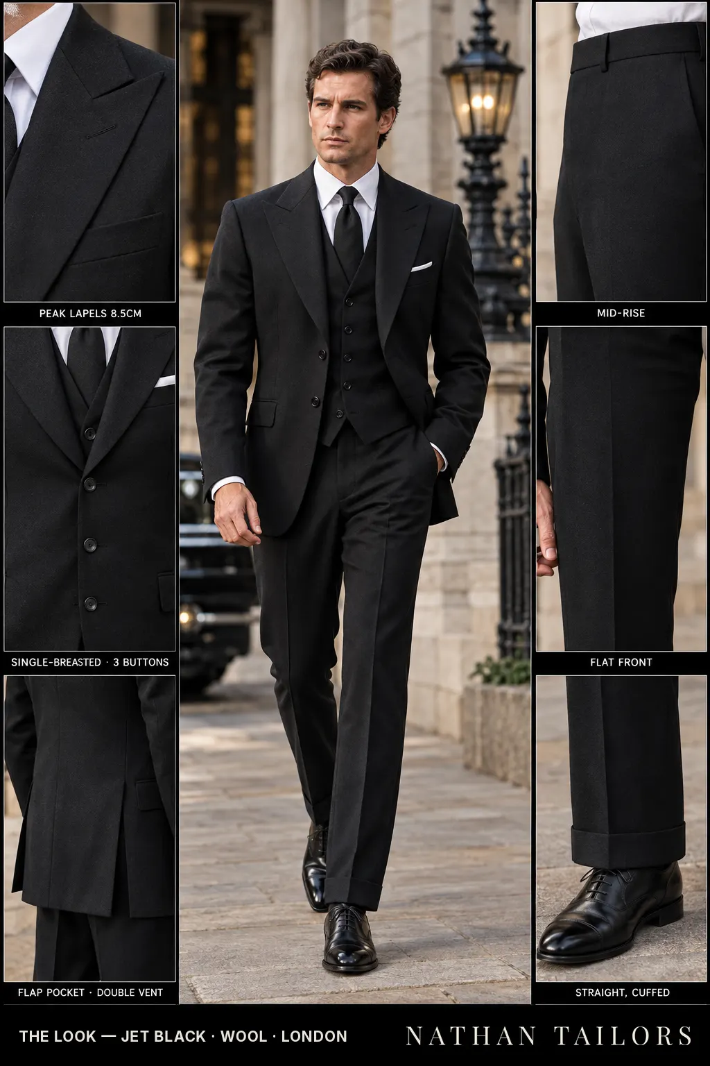 jet black single-breasted peak-lapel bespoke suit — AI-rendered by Nathan Tailors, the Hoi An custom tailor. Available as a custom tailored suit from $169.
