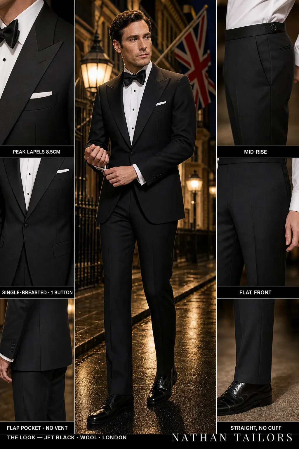 jet black single-breasted peak-lapel bespoke suit โ AI-rendered by Nathan Tailors, the Hoi An custom tailor. Available as a custom tailored suit from $149.