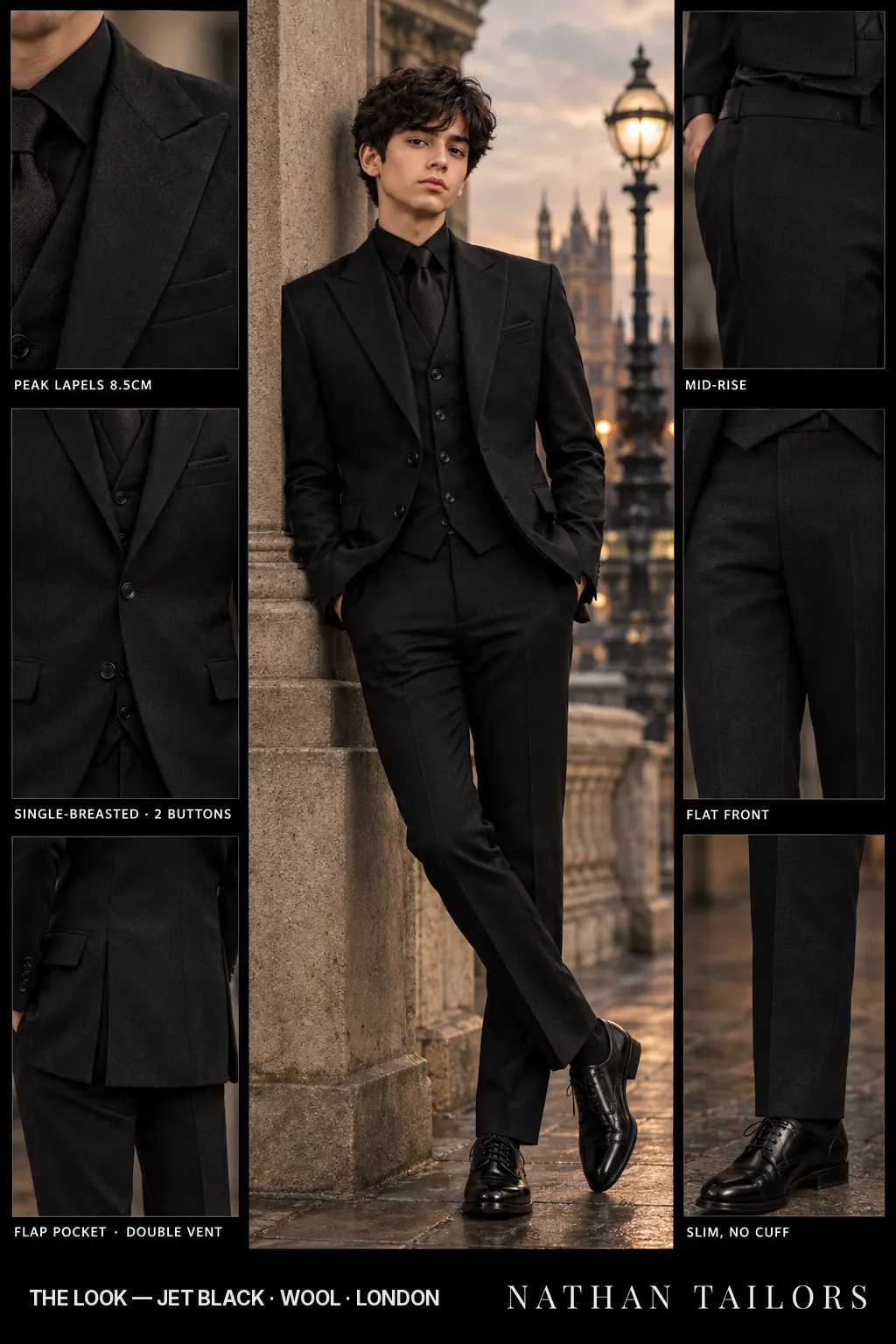jet black single-breasted peak-lapel bespoke suit โ AI-rendered by Nathan Tailors, the Hoi An custom tailor. Available as a custom tailored suit from $169.