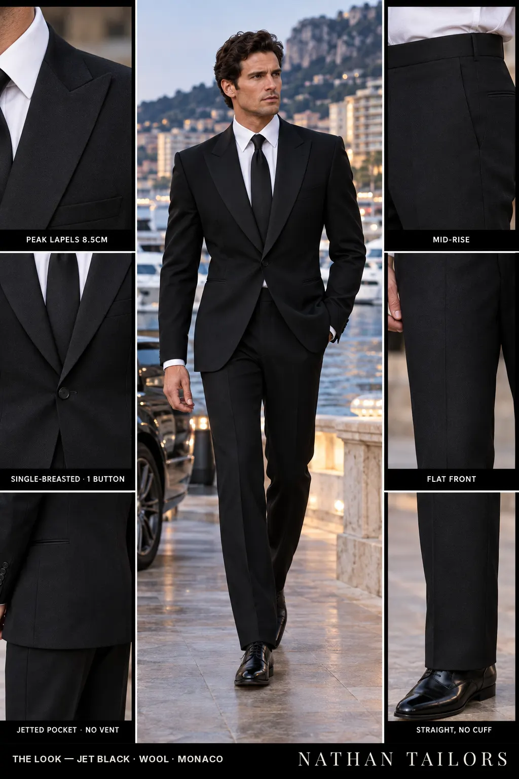 jet black single-breasted bespoke suit โ custom tailored by Nathan Tailors, the Hoi An custom tailor