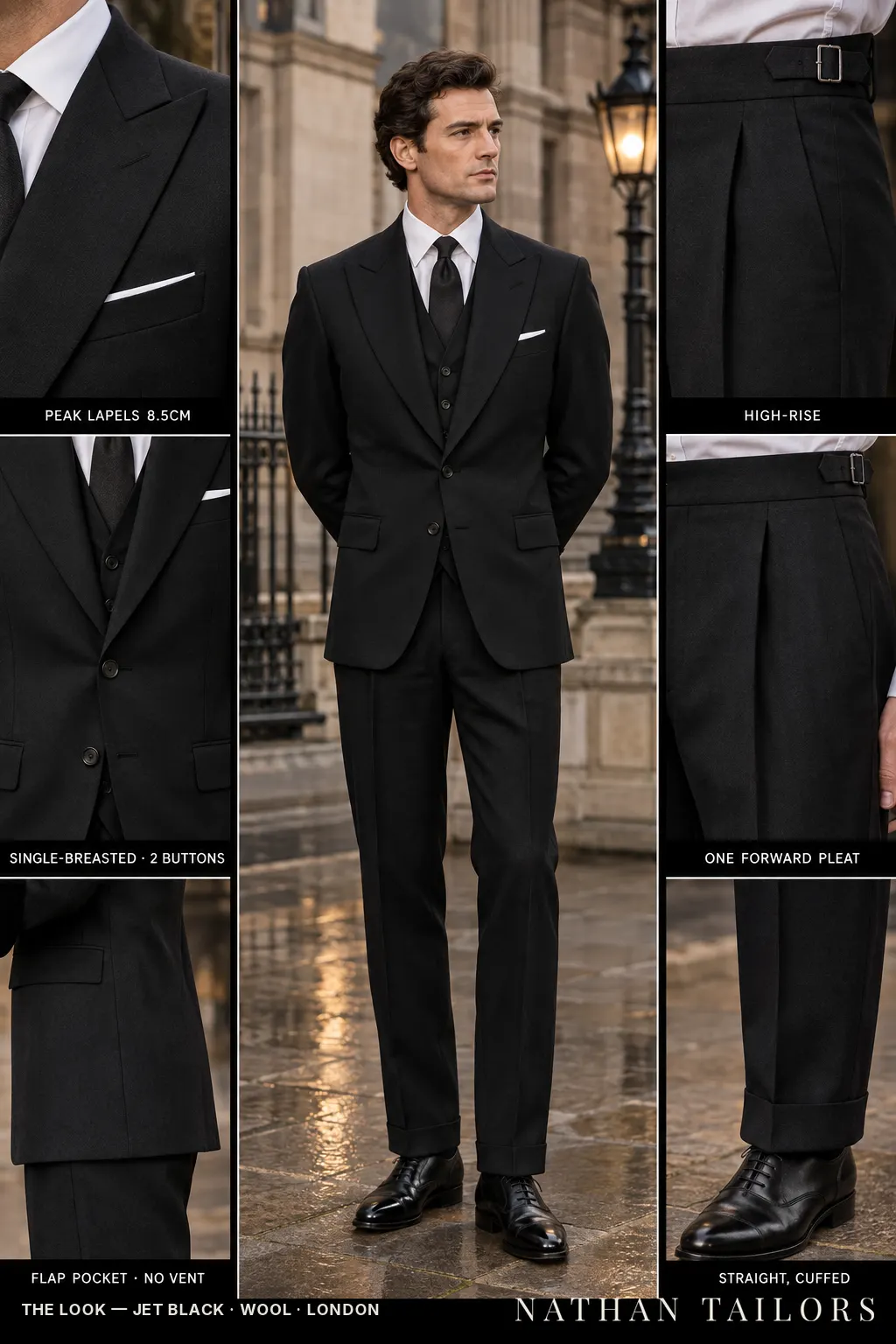jet black single-breasted bespoke suit — custom tailored by Nathan Tailors, the Hoi An custom tailor