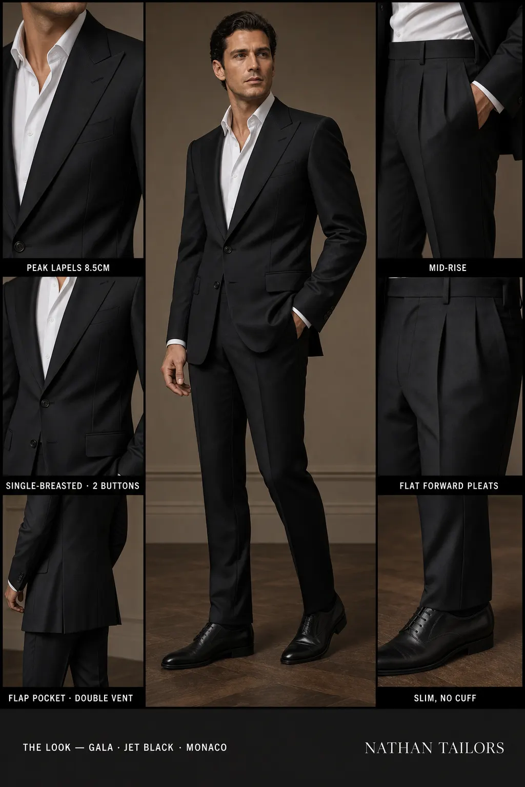 jet black single-breasted peak-lapel bespoke suit — AI-rendered by Nathan Tailors, the Hoi An custom tailor. Available as a custom tailored suit from $149.