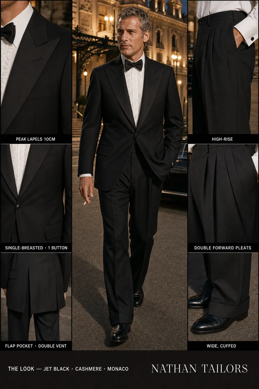 jet black single-breasted peak-lapel bespoke suit โ AI-rendered by Nathan Tailors, the Hoi An custom tailor. Available as a custom tailored suit from $149.