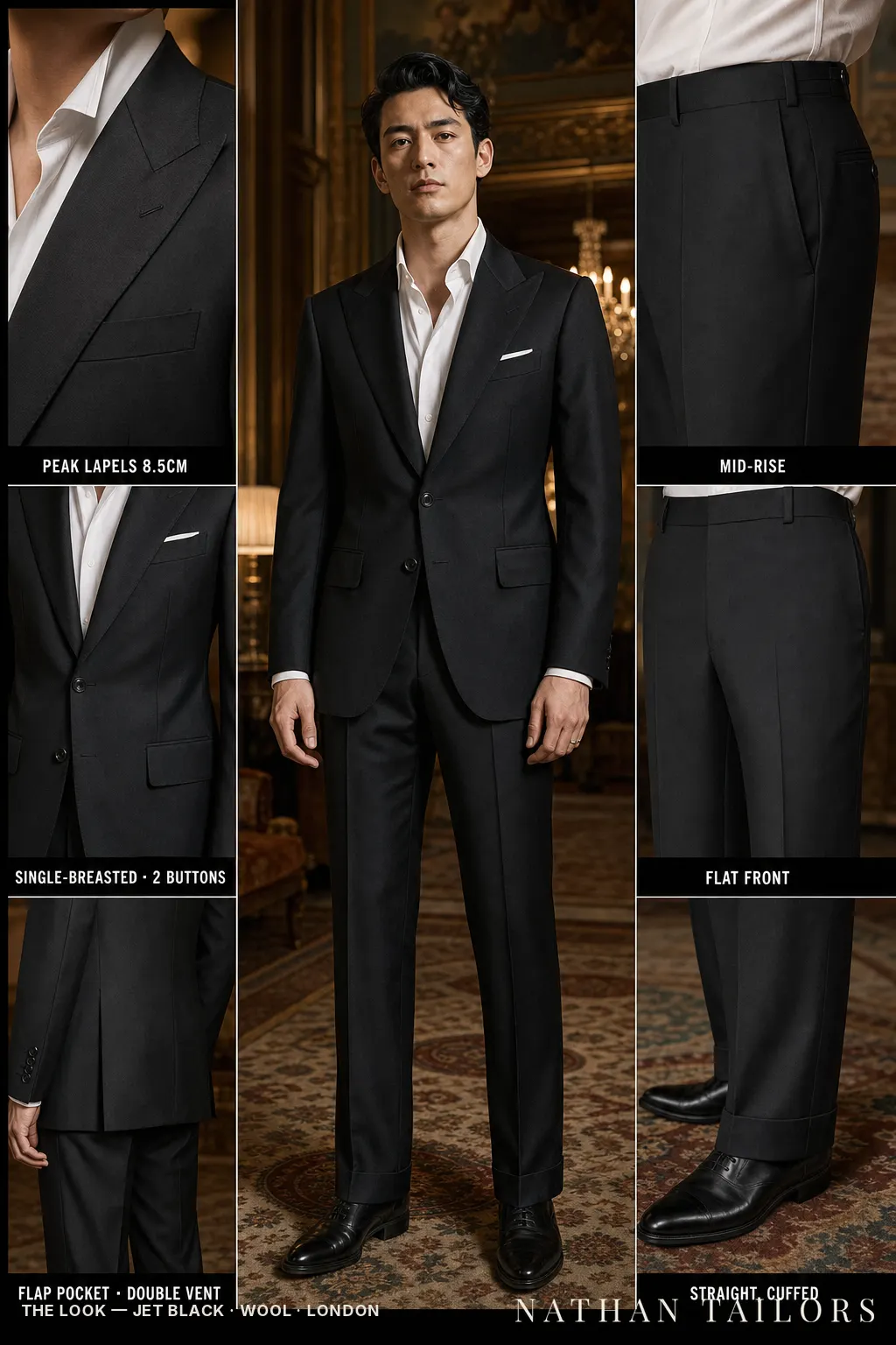 jet black single-breasted peak-lapel bespoke suit — AI-rendered by Nathan Tailors, the Hoi An custom tailor. Available as a custom tailored suit from $149.