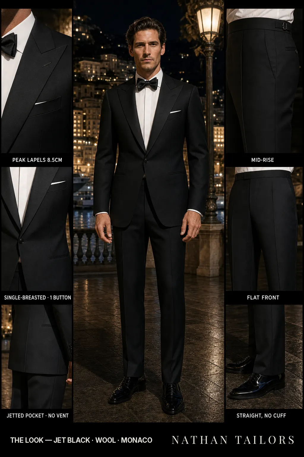 jet black single-breasted peak-lapel bespoke suit — AI-rendered by Nathan Tailors, the Hoi An custom tailor. Available as a custom tailored suit from $149.
