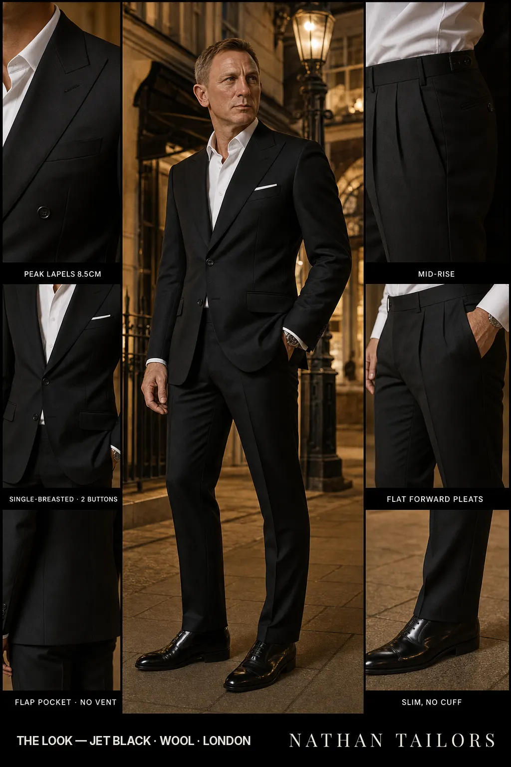 jet black single-breasted peak-lapel bespoke suit — AI-rendered by Nathan Tailors, the Hoi An custom tailor. Available as a custom tailored suit from $149.
