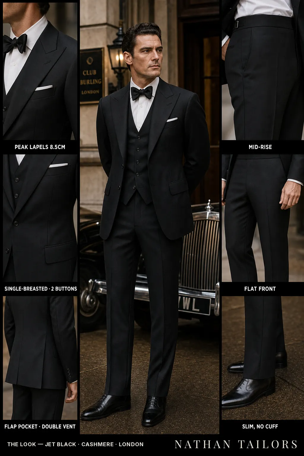 jet black single-breasted peak-lapel bespoke suit — AI-rendered by Nathan Tailors, the Hoi An custom tailor. Available as a custom tailored suit from $149.