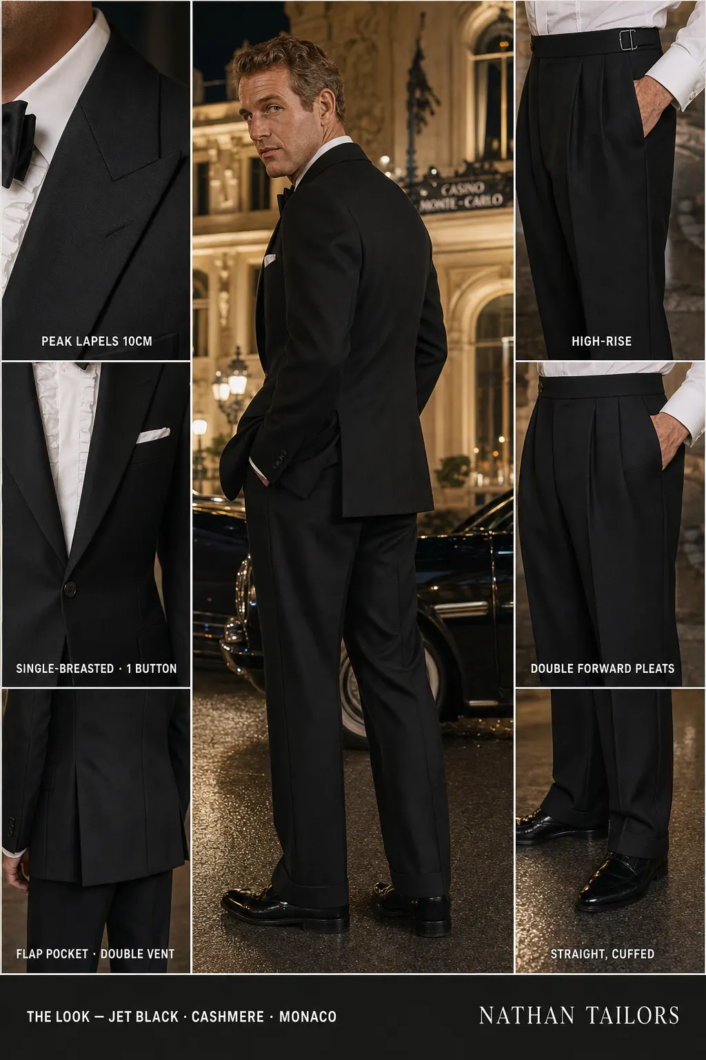 jet black single-breasted peak-lapel bespoke suit โ AI-rendered by Nathan Tailors, the Hoi An custom tailor. Available as a custom tailored suit from $169.