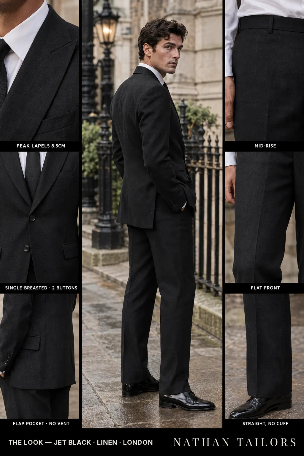 jet black single-breasted bespoke suit — custom tailored by Nathan Tailors, the Hoi An custom tailor