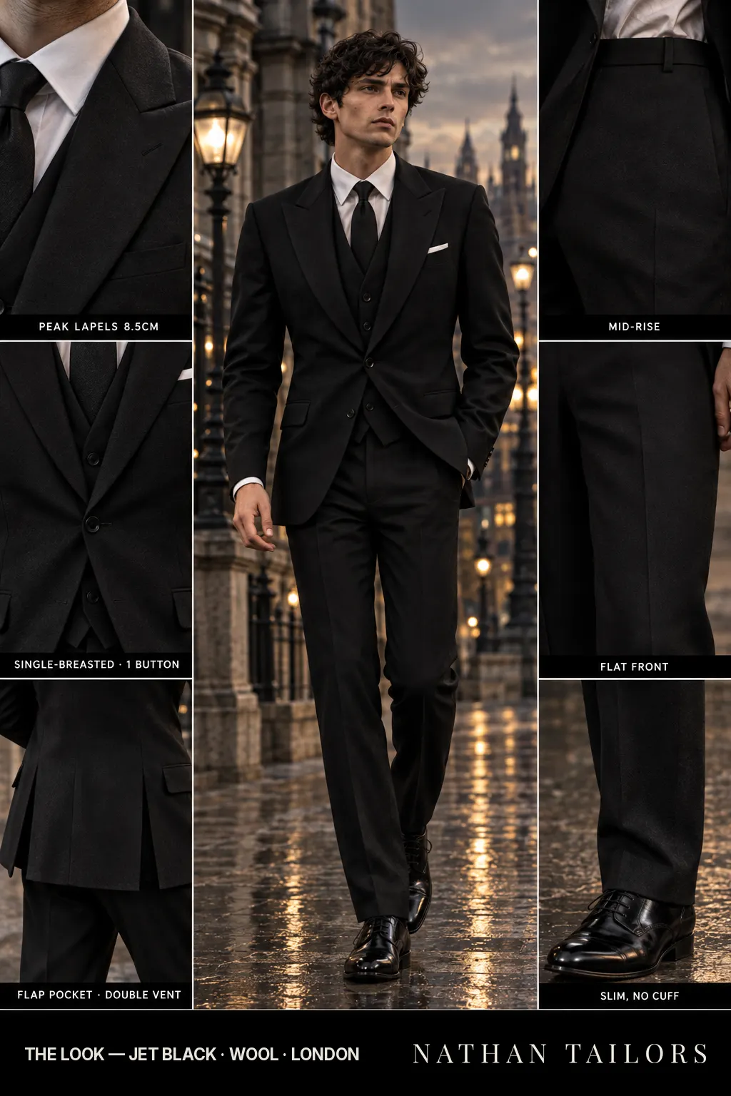 jet black single-breasted bespoke suit โ custom tailored by Nathan Tailors, the Hoi An custom tailor