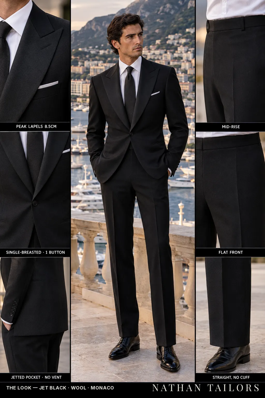 jet black single-breasted bespoke suit โ custom tailored by Nathan Tailors, the Hoi An custom tailor
