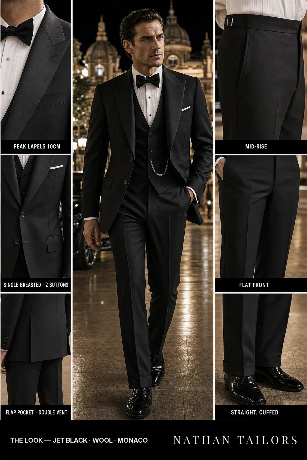 jet black single-breasted peak-lapel bespoke suit โ AI-rendered by Nathan Tailors, the Hoi An custom tailor. Available as a custom tailored suit from $149.