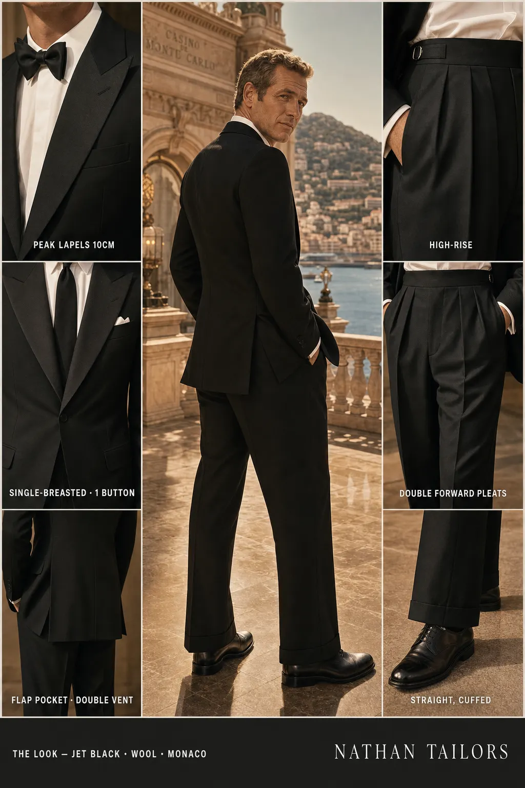 jet black single-breasted peak-lapel bespoke suit โ AI-rendered by Nathan Tailors, the Hoi An custom tailor. Available as a custom tailored suit from $149.