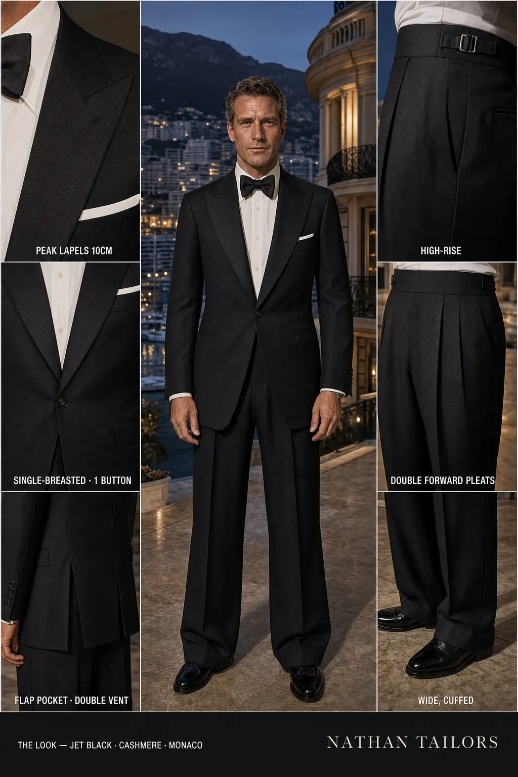 jet black single-breasted peak-lapel bespoke suit — AI-rendered by Nathan Tailors, the Hoi An custom tailor. Available as a custom tailored suit from $169.