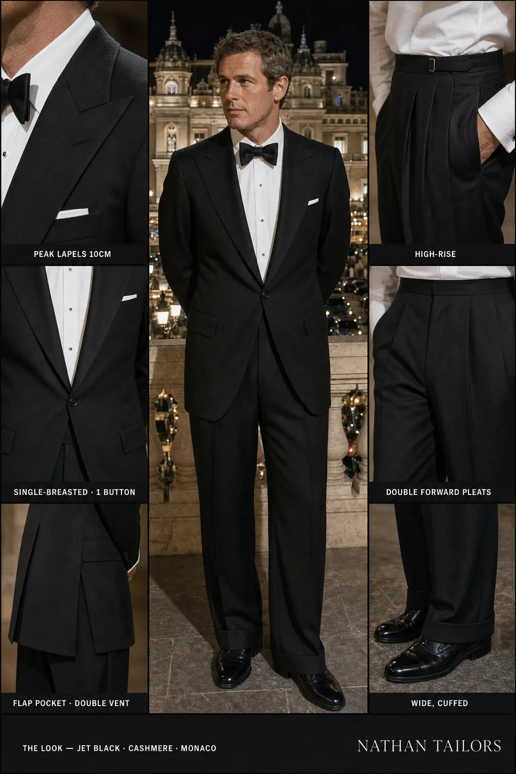 jet black single-breasted peak-lapel bespoke suit โ AI-rendered by Nathan Tailors, the Hoi An custom tailor. Available as a custom tailored suit from $149.